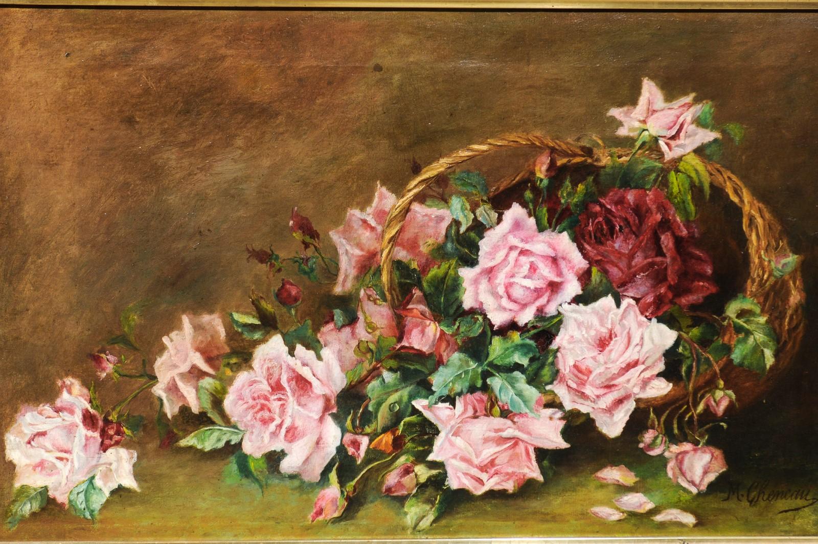 19th Roses French 19th Century Framed Floral Oil on Canvas Painting Depicting ...