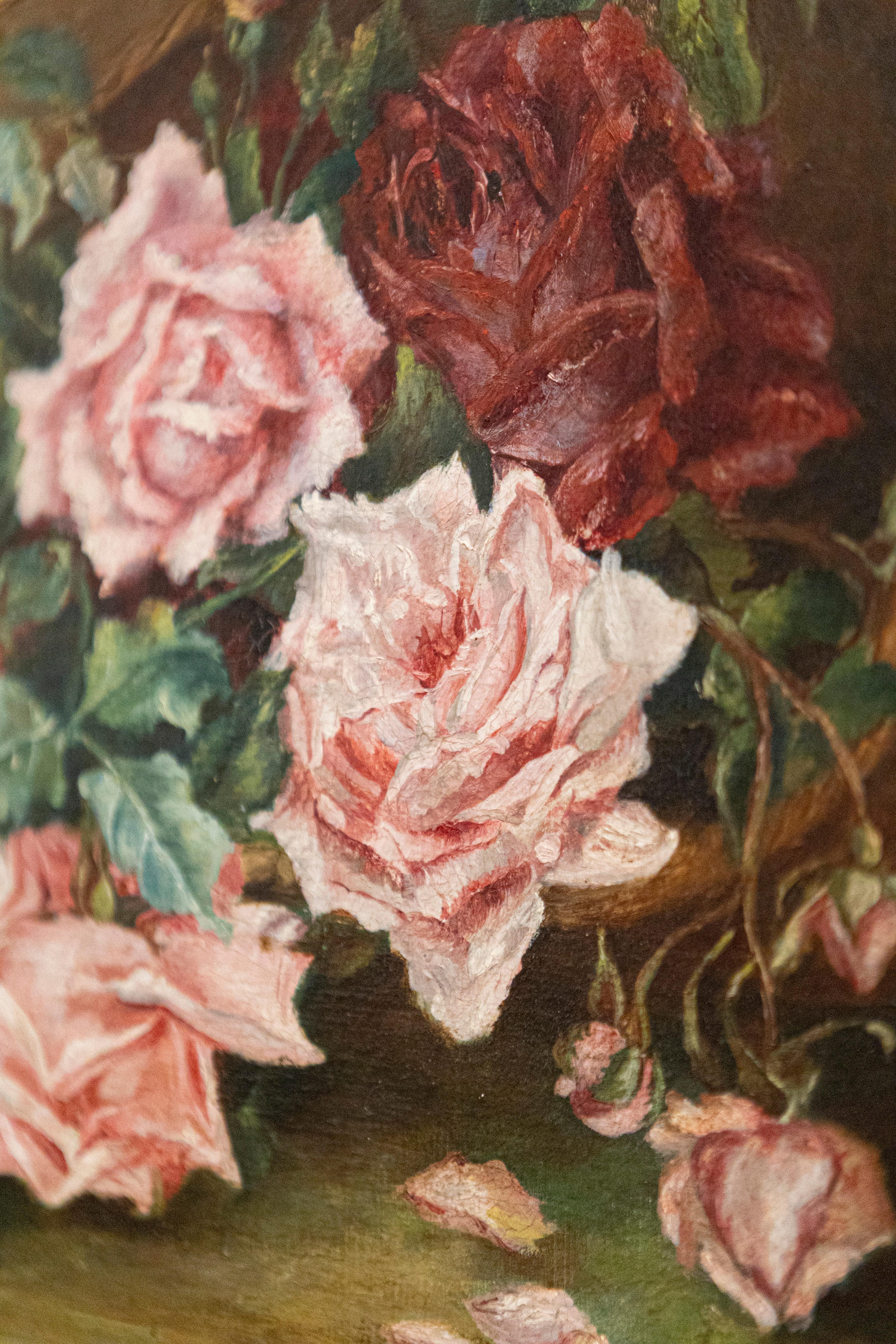 French 19th Century Framed Floral Oil on Canvas Painting Depicting Roses For Sale 1