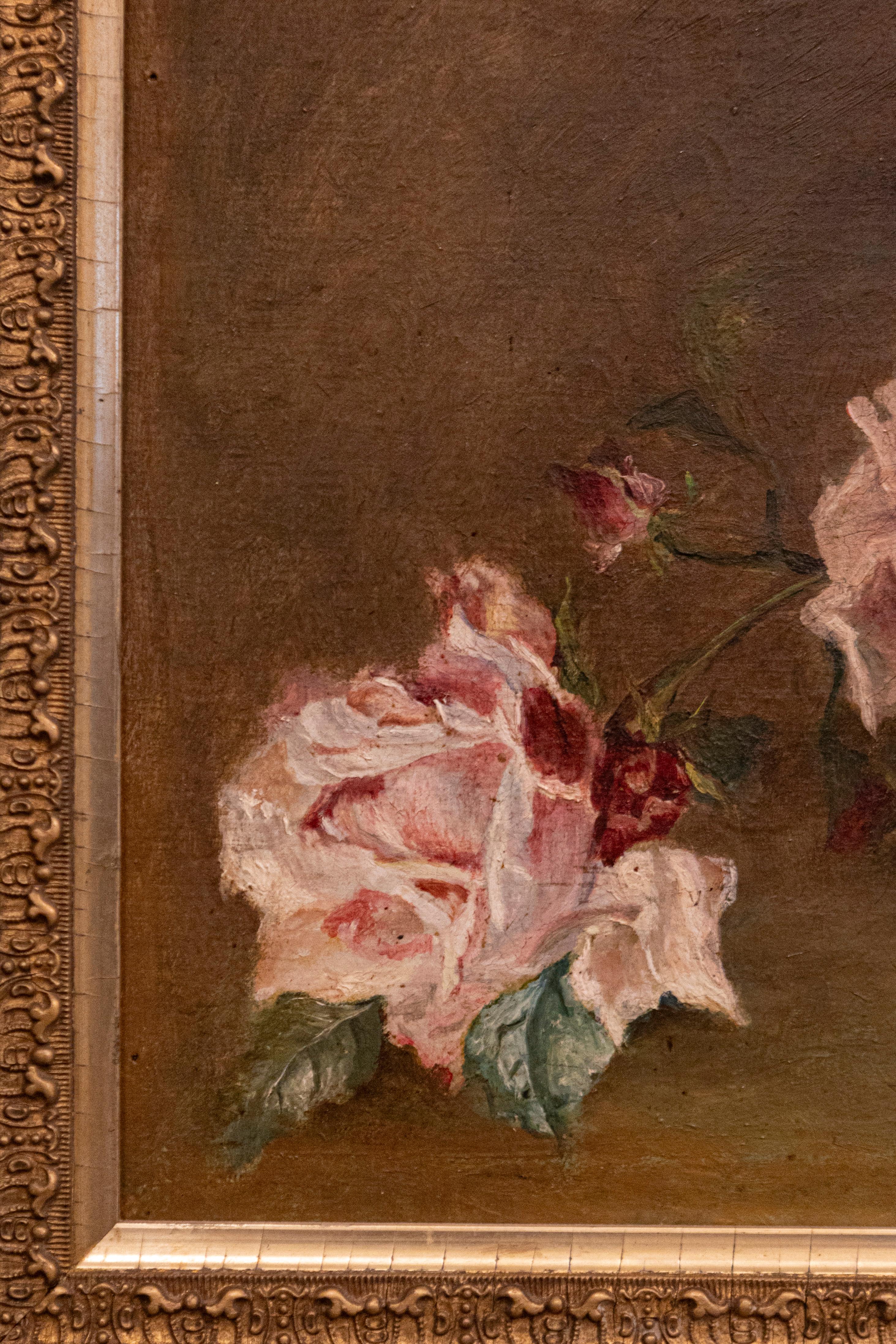 French 19th Century Framed Floral Oil on Canvas Painting Depicting Roses For Sale 3