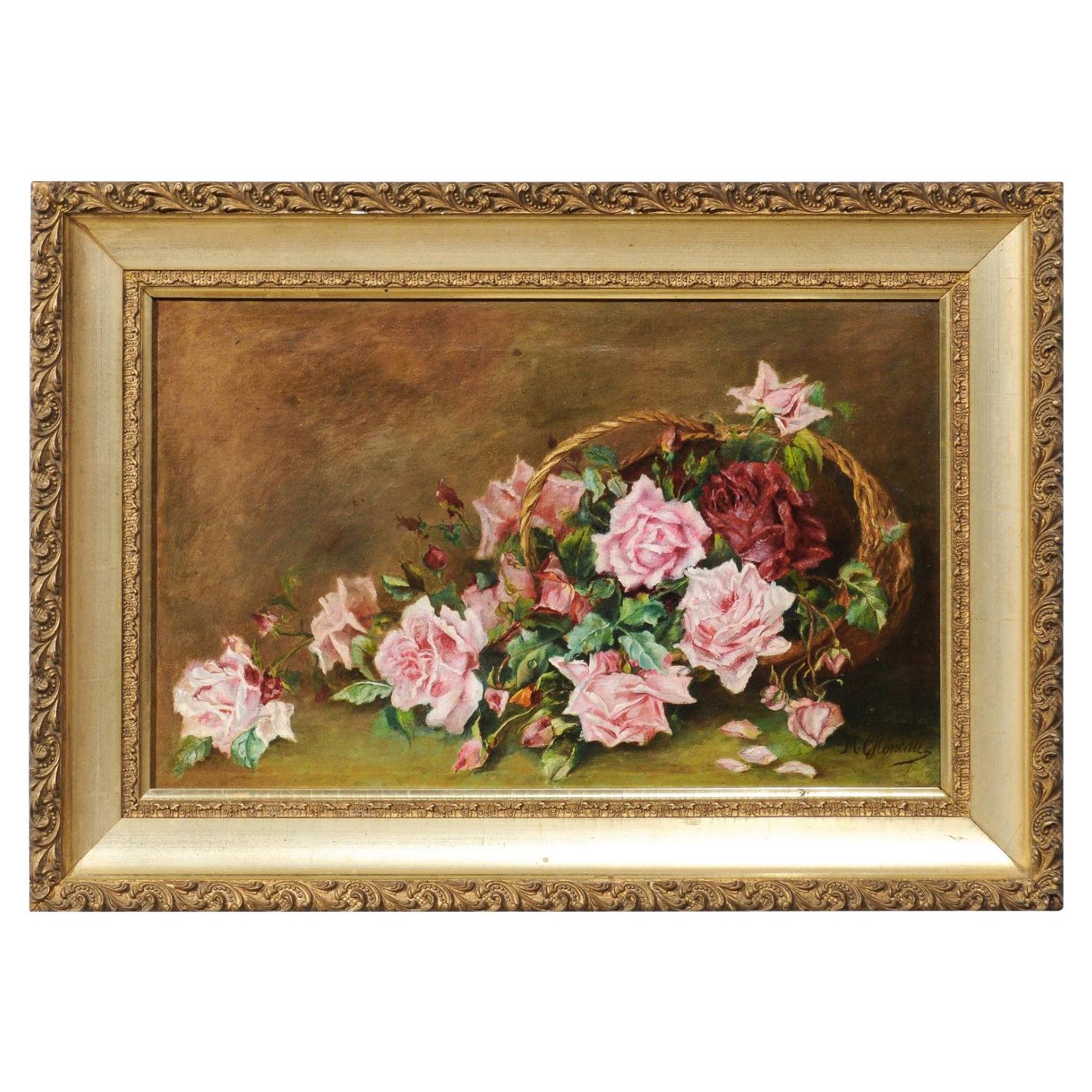 French 19th Century Framed Floral Oil on Canvas Painting Depicting Roses