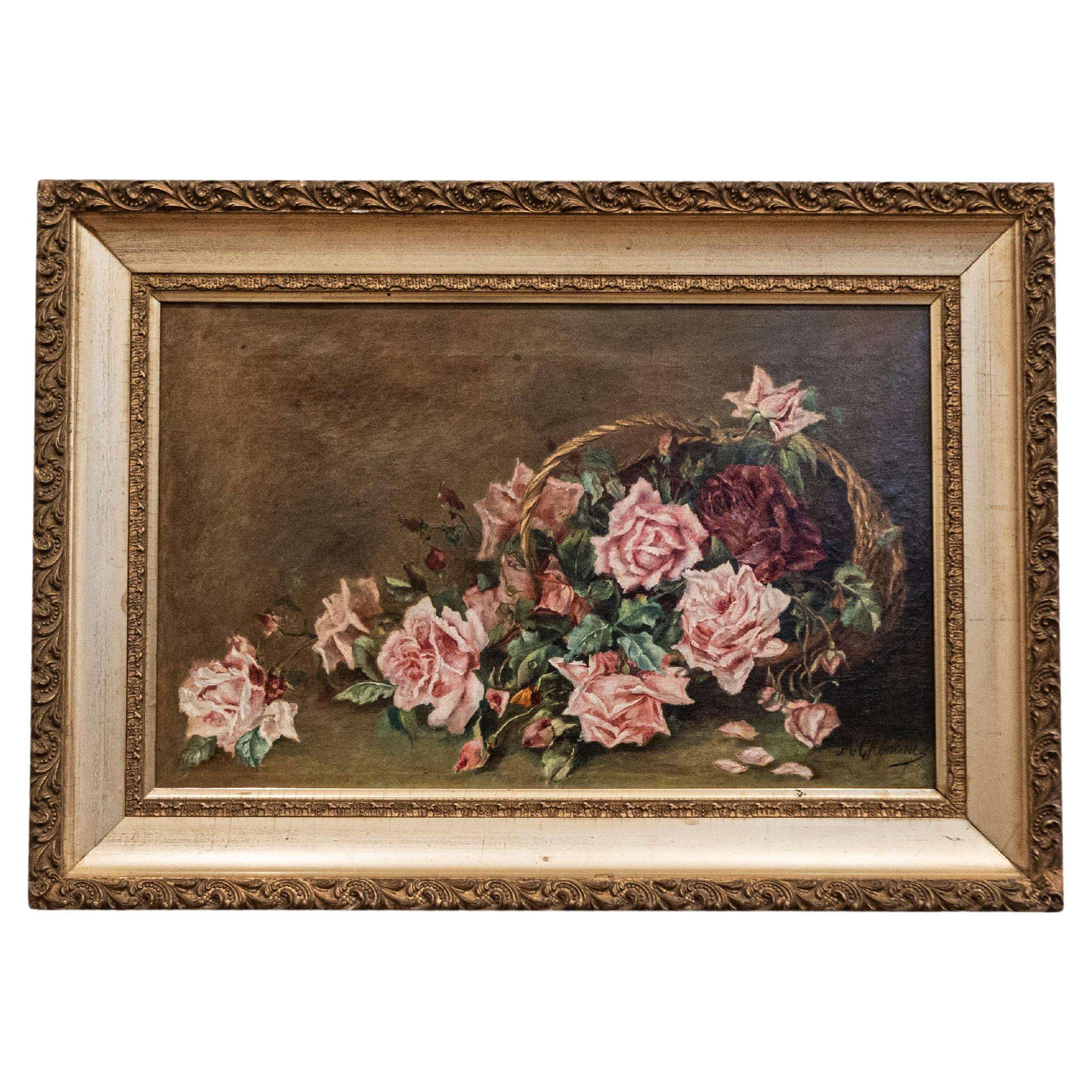 French 19th Century Framed Floral Oil on Canvas Painting Depicting Roses For Sale