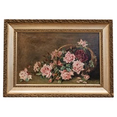 Huile sur toile française du 19ème siècle encadrée représentant des roses