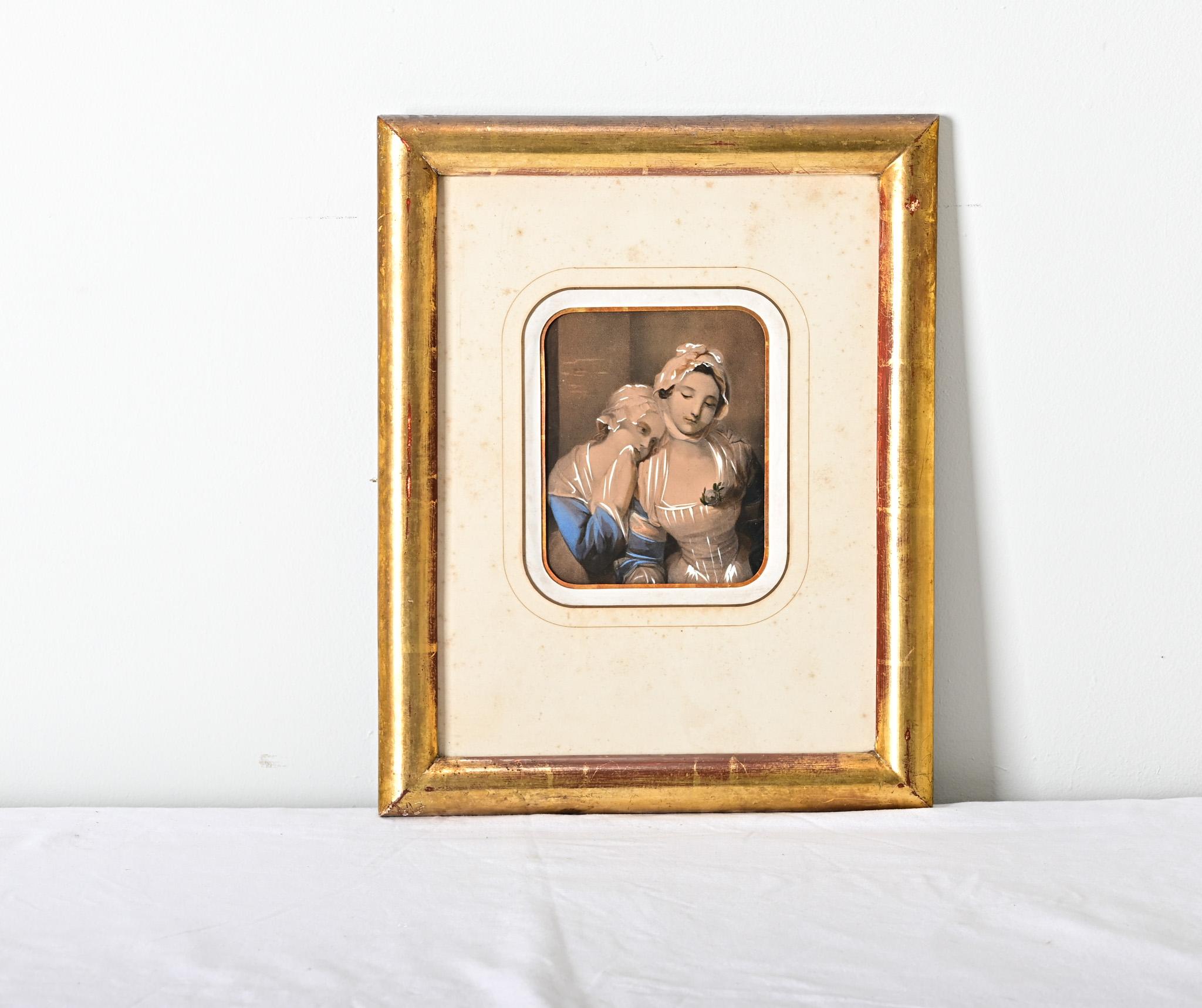 French 19th century hand-colored lithograph print of two young ladies from the important firm of Madame Pottin in Nantes. The image is tinted a pastel pink, almost peach, which suits the youthful innocence of the subjects (perhaps sisters or best