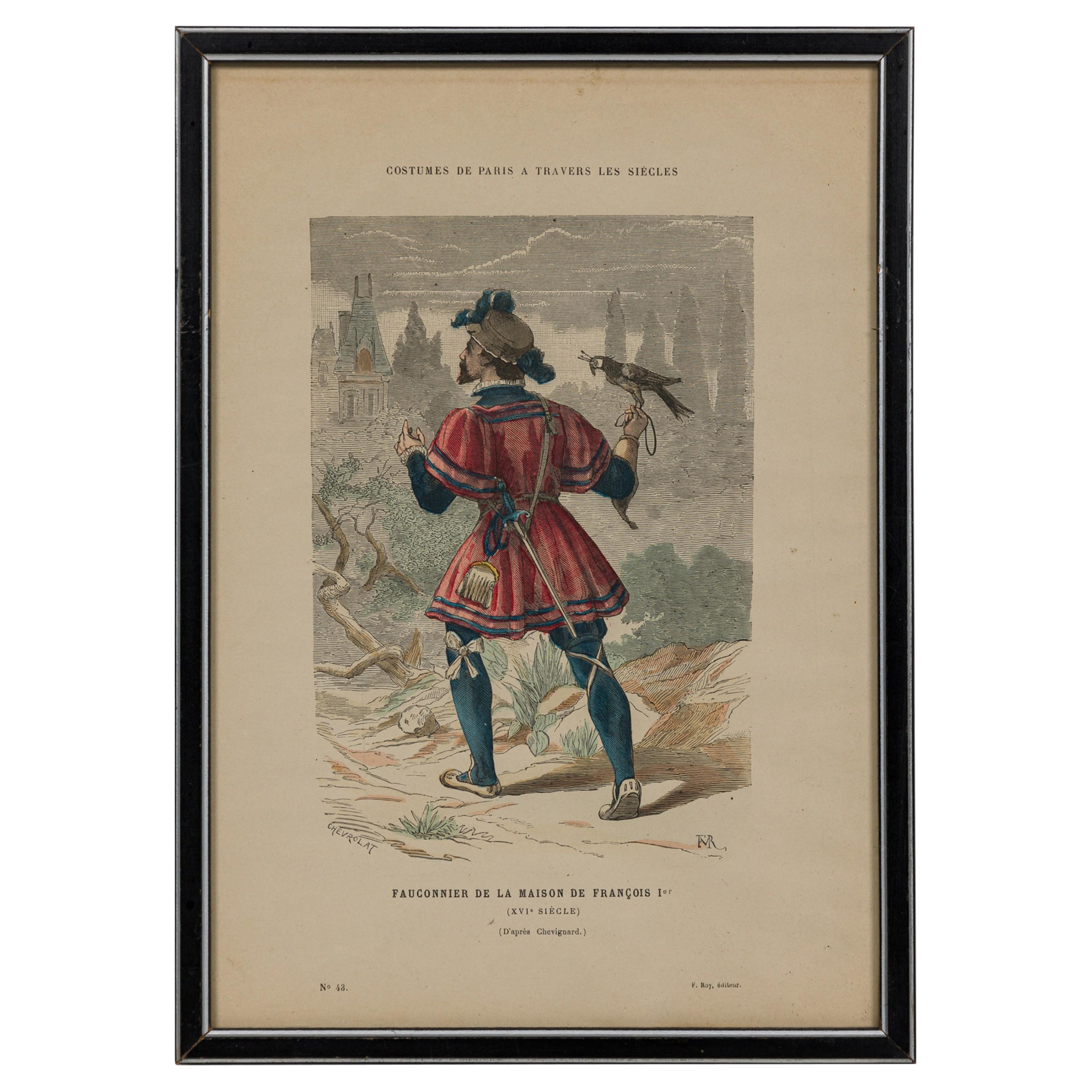 French 19th-Century Framed Lithograph of a Falconer of the House of François I i For Sale