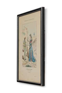 French 19th-Century Framed Lithograph of a Lady of the Chateau and Her Page