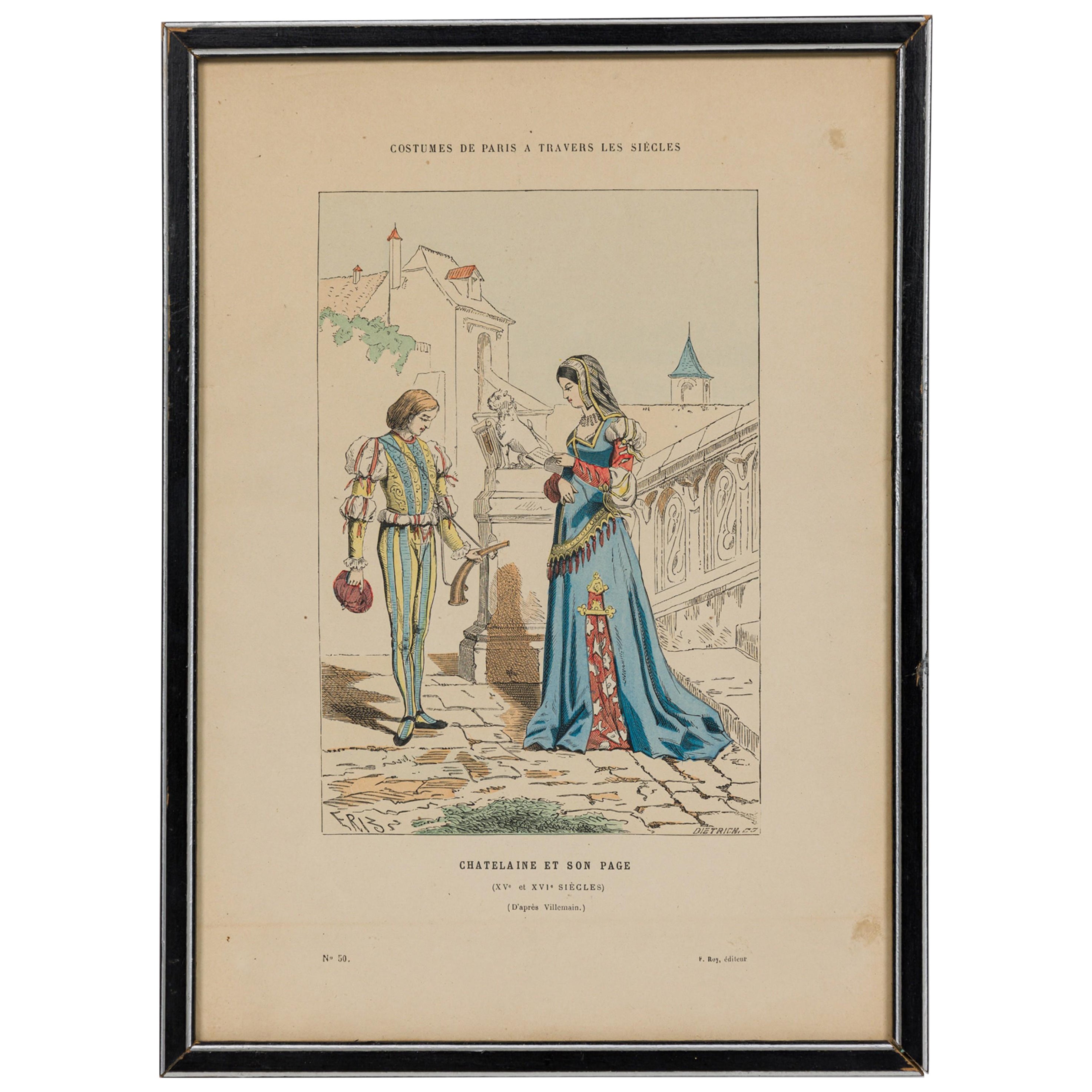French 19th-Century Framed Lithograph of a Lady of the Chateau and her Page in R