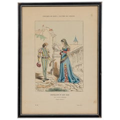 French 19th-Century Framed Lithograph of a Lady of the Chateau and her Page in R