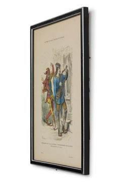 French 19th-Century Framed Lithograph of a Musician & Early Renaissance Attire