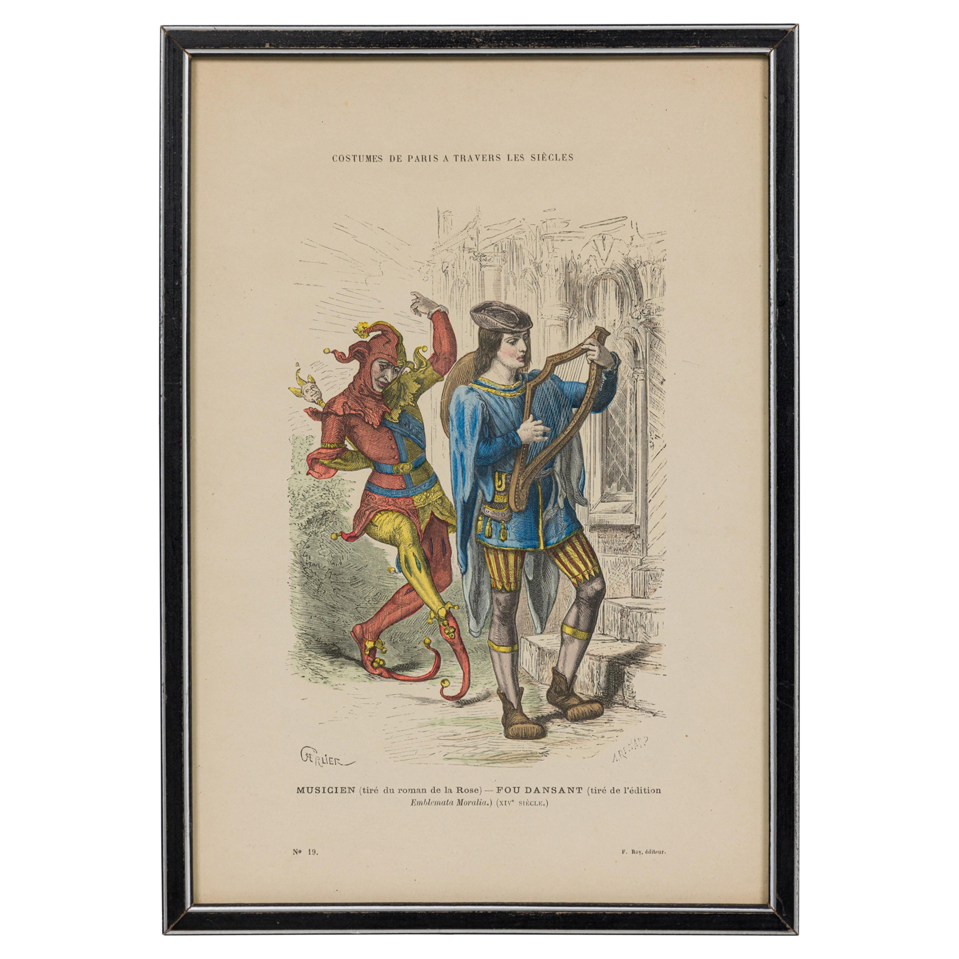 French 19th-Century Framed Lithograph of a Musician and a Fool in Early Renaissa en venta
