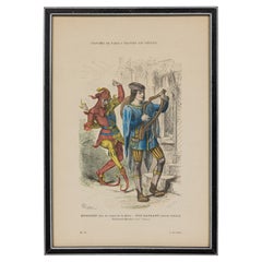 French 19th-Century Framed Lithograph of a Musician and a Fool in Early Renaissa