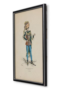 French 19th-Century Framed Lithograph of a Parisian Man in Renaissance Attire