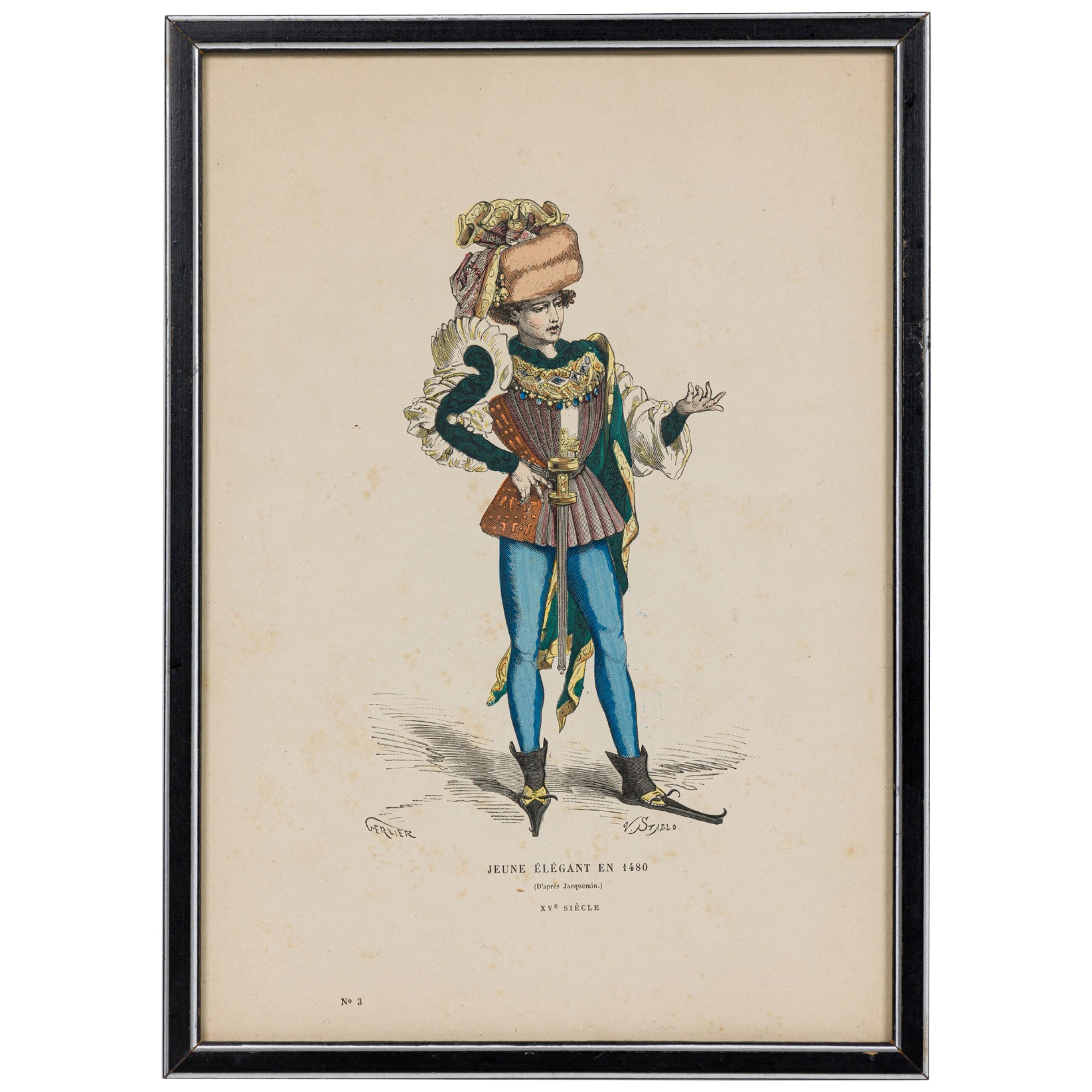 French 19th-Century Framed Lithograph of a Parisian Man in Renaissance Attire