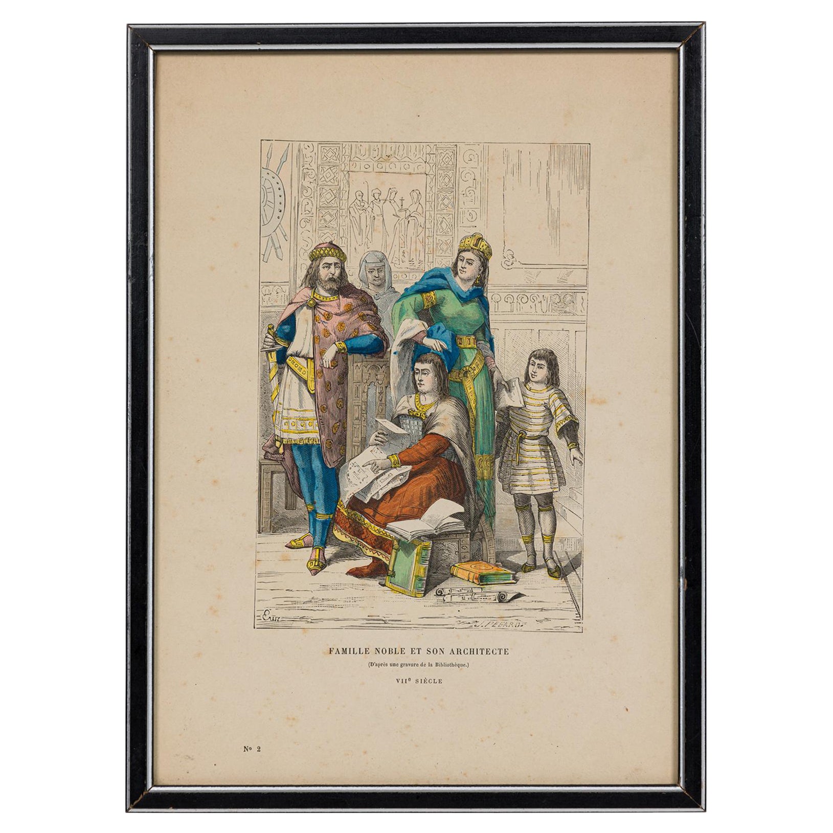 French 19th-Century Framed Lithograph of a Parisian Noble Family and their Archi