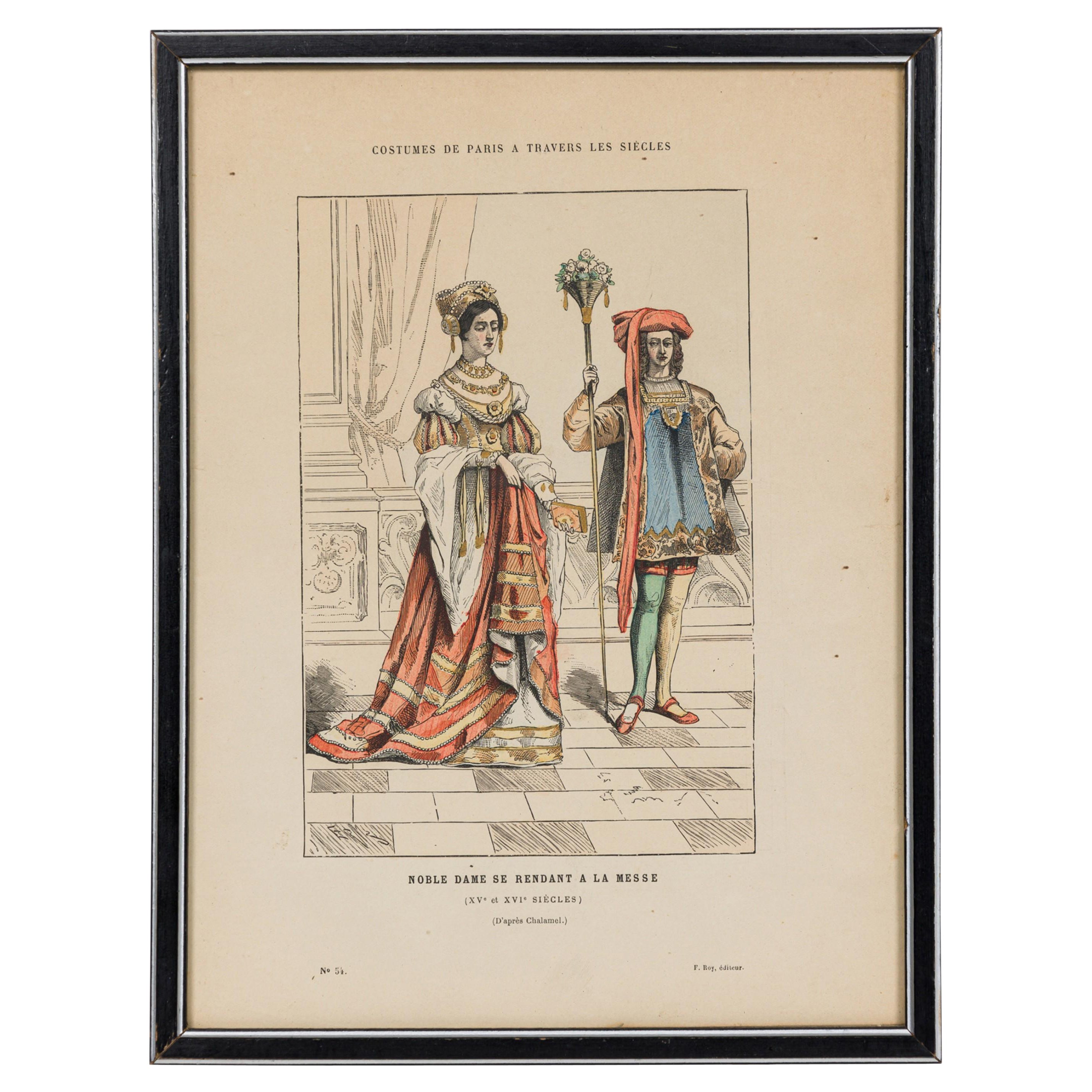 French 19th-Century Framed Lithograph of a Parisian Noble Lady in Renaissance At