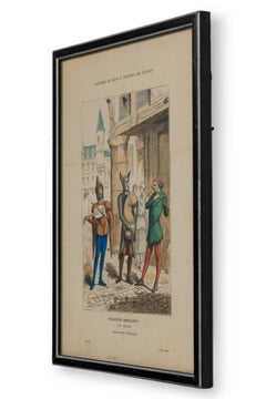 French 19th-Century Framed Lithograph of Wandering Musicians