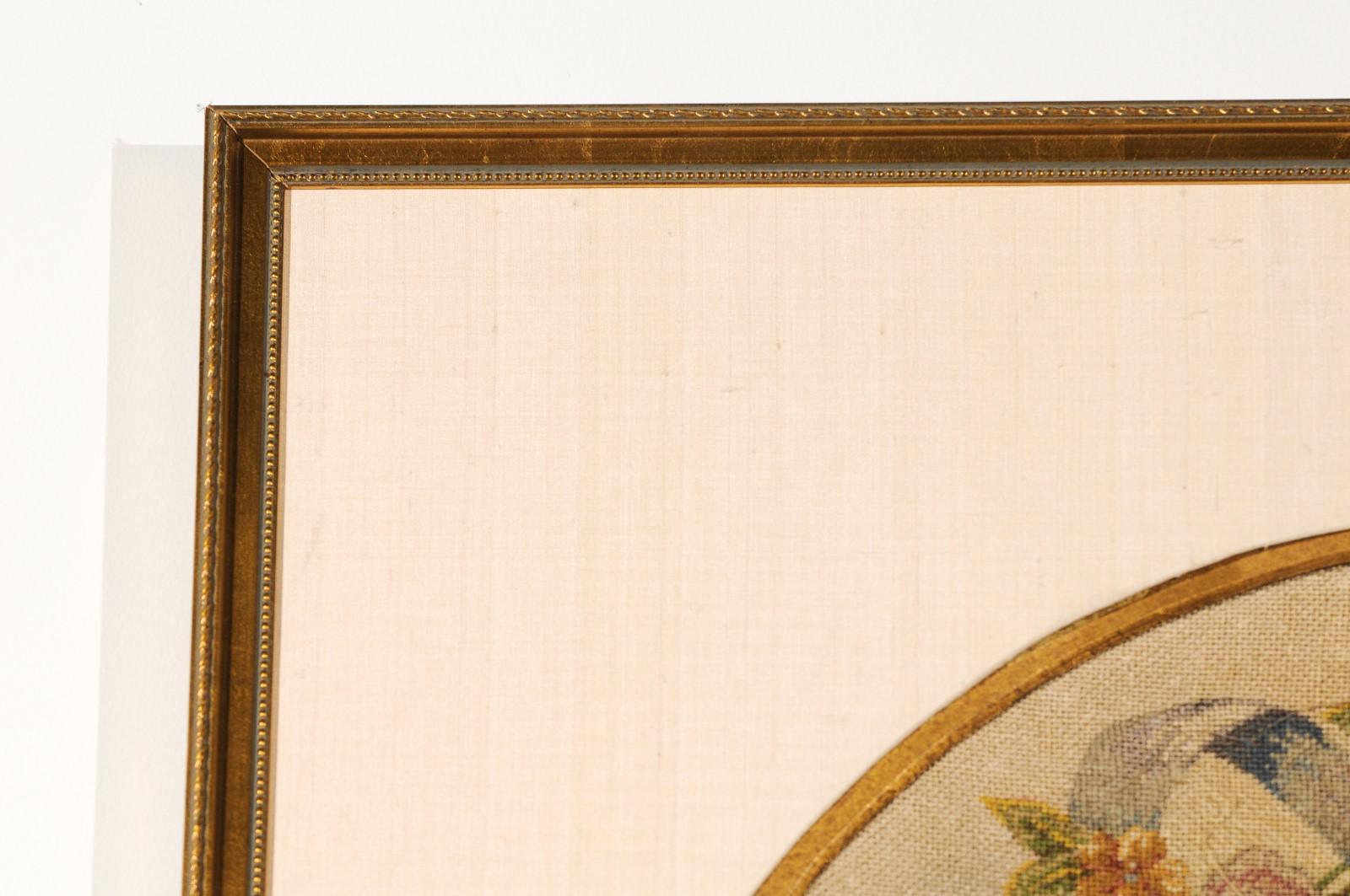 Gerahmter Gobelinstickerei-Wandteppich mit Schleifen- und Blumendekor aus dem 19. Jahrhundert 5