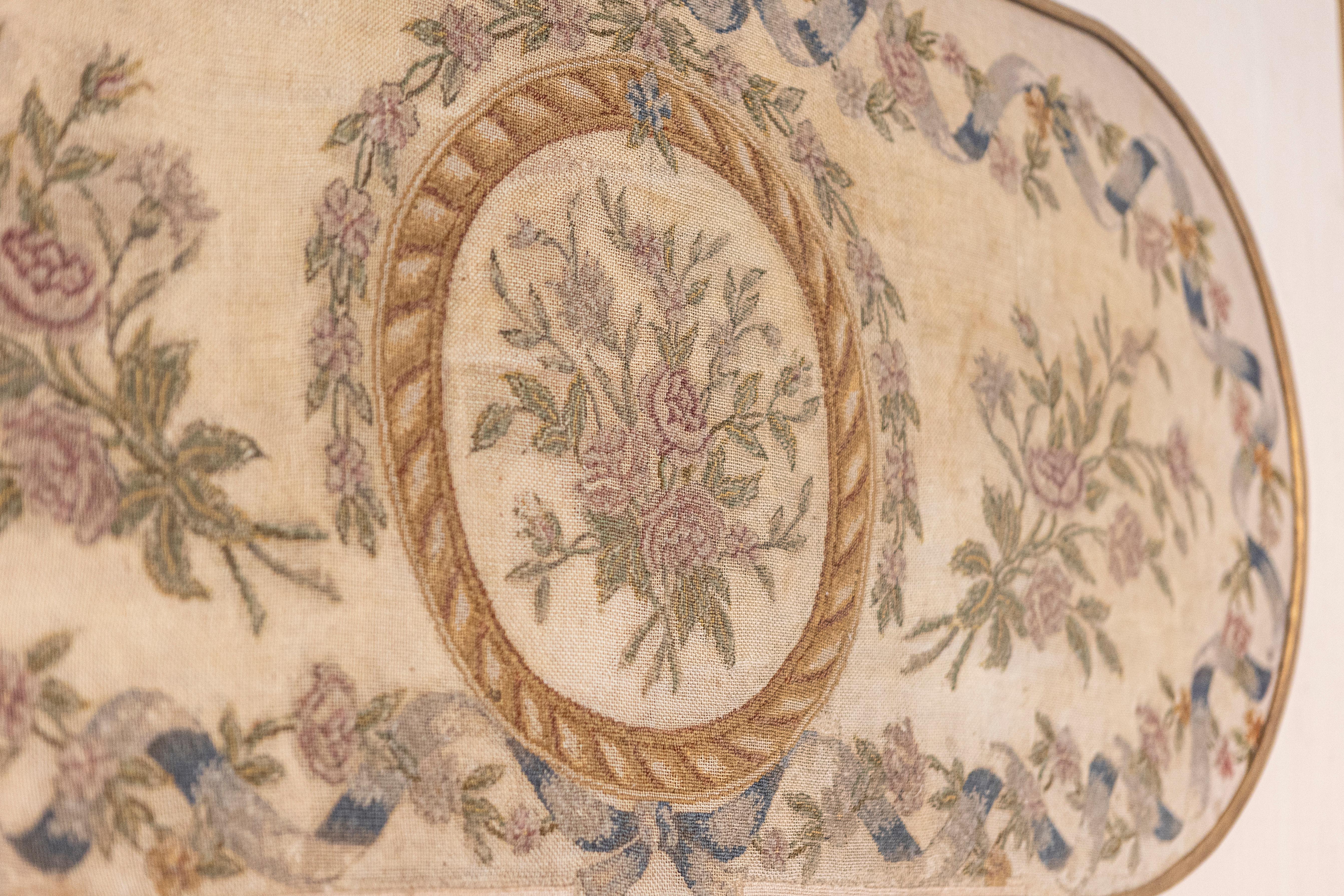 Giltwood French 19th Century Framed Needlepoint Tapestry with Ribbon and Floral Décor For Sale