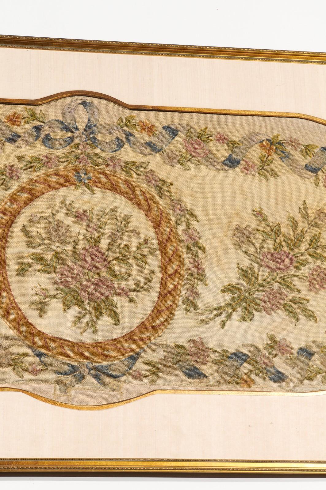 French 19th Century Framed Needlepoint Tapestry with Ribbon and Floral Décor In Good Condition In Atlanta, GA