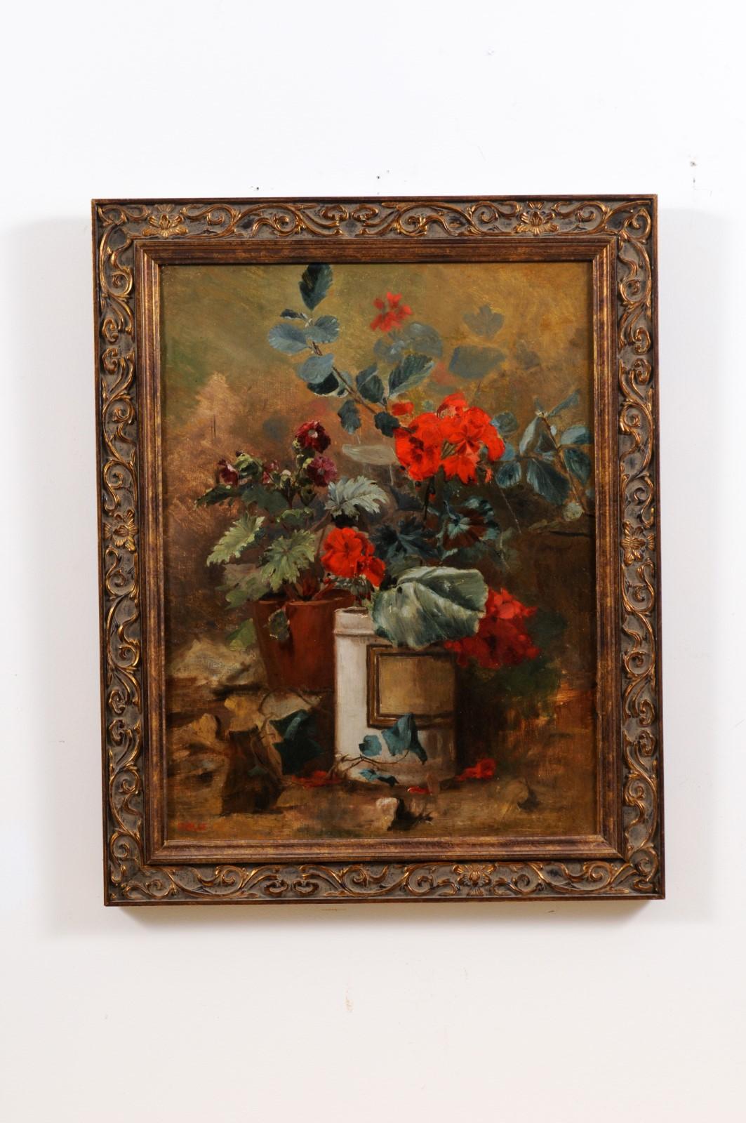 A French vertical oil on canvas framed painting from the 19th century, depicting flowers in a apothecary jar, signed Murat. Created in France during the 19th century, this oil on canvas painting captures our attention with its colorful bouquet of