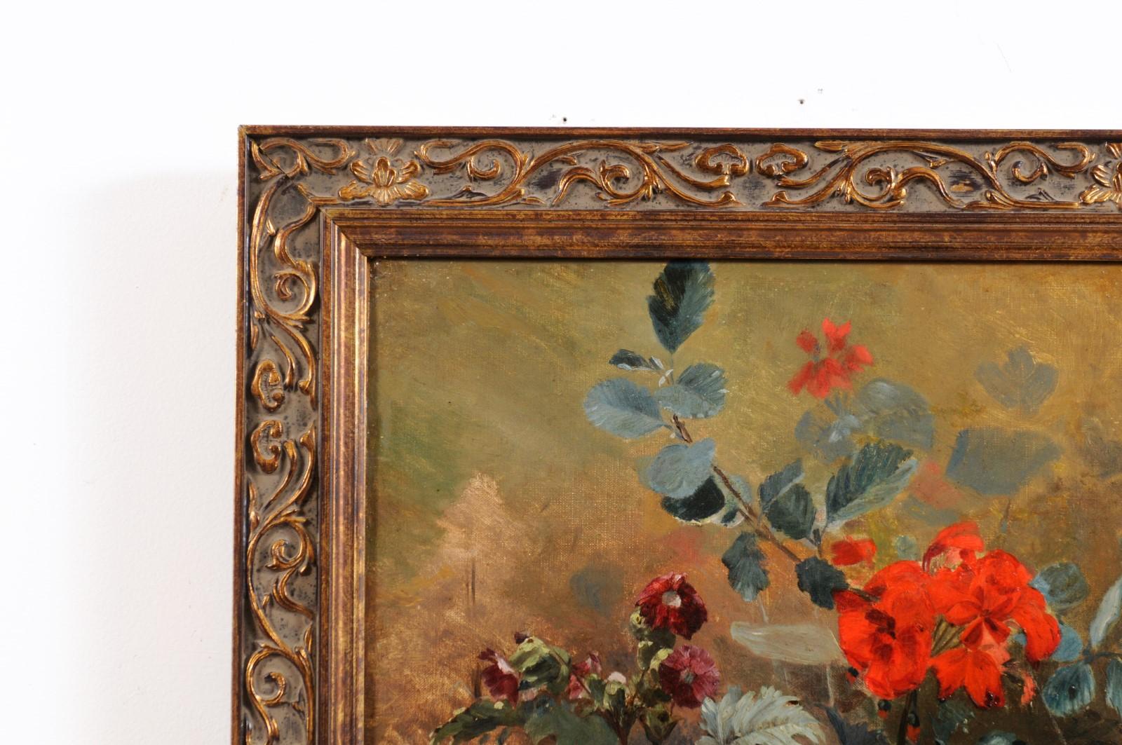 Hand-Painted French 19th Century Framed Oil on Canvas Floral Painting Signed Murat