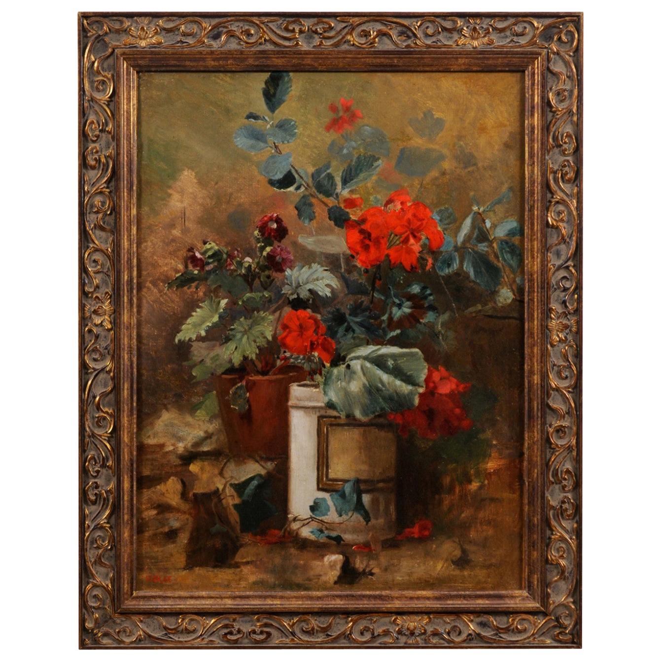 French 19th Century Framed Oil on Canvas Floral Painting Signed Murat