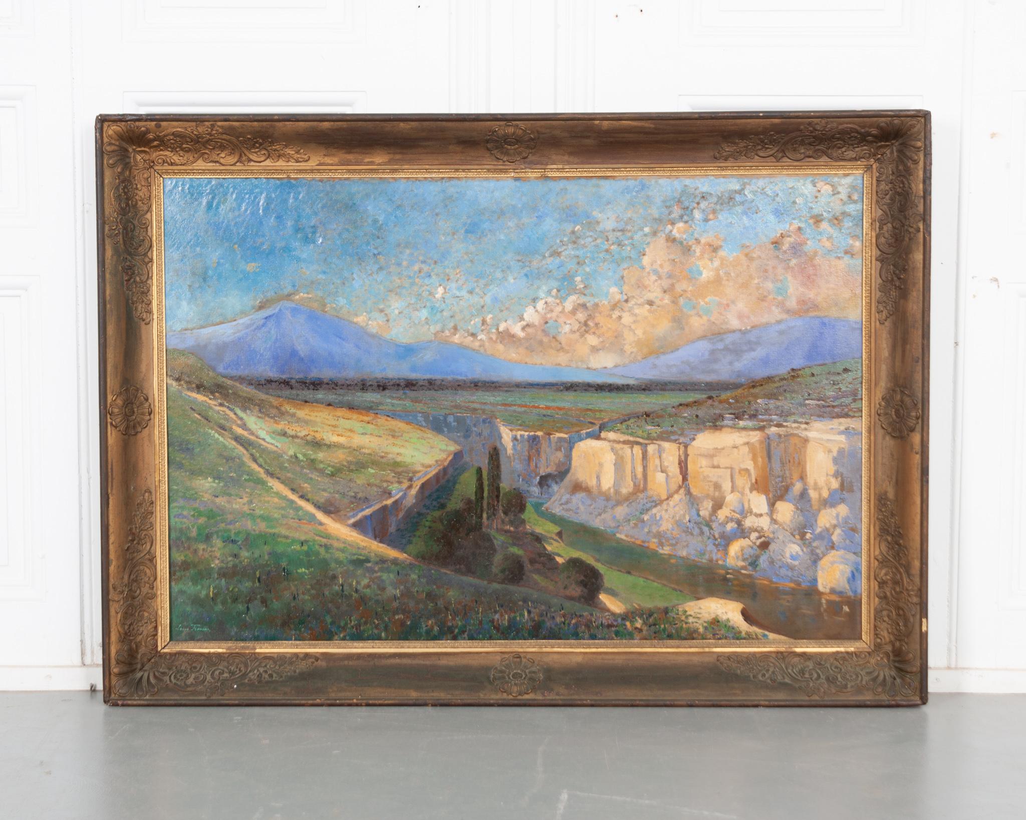 French 19th Century oil on canvas landscape scene; signed by artist. Intricate carved, gilt frame with a wonderful patina. Ready to be hung wherever you need a sophisticated pop of color! The canvas and frame have been professionally cleaned and