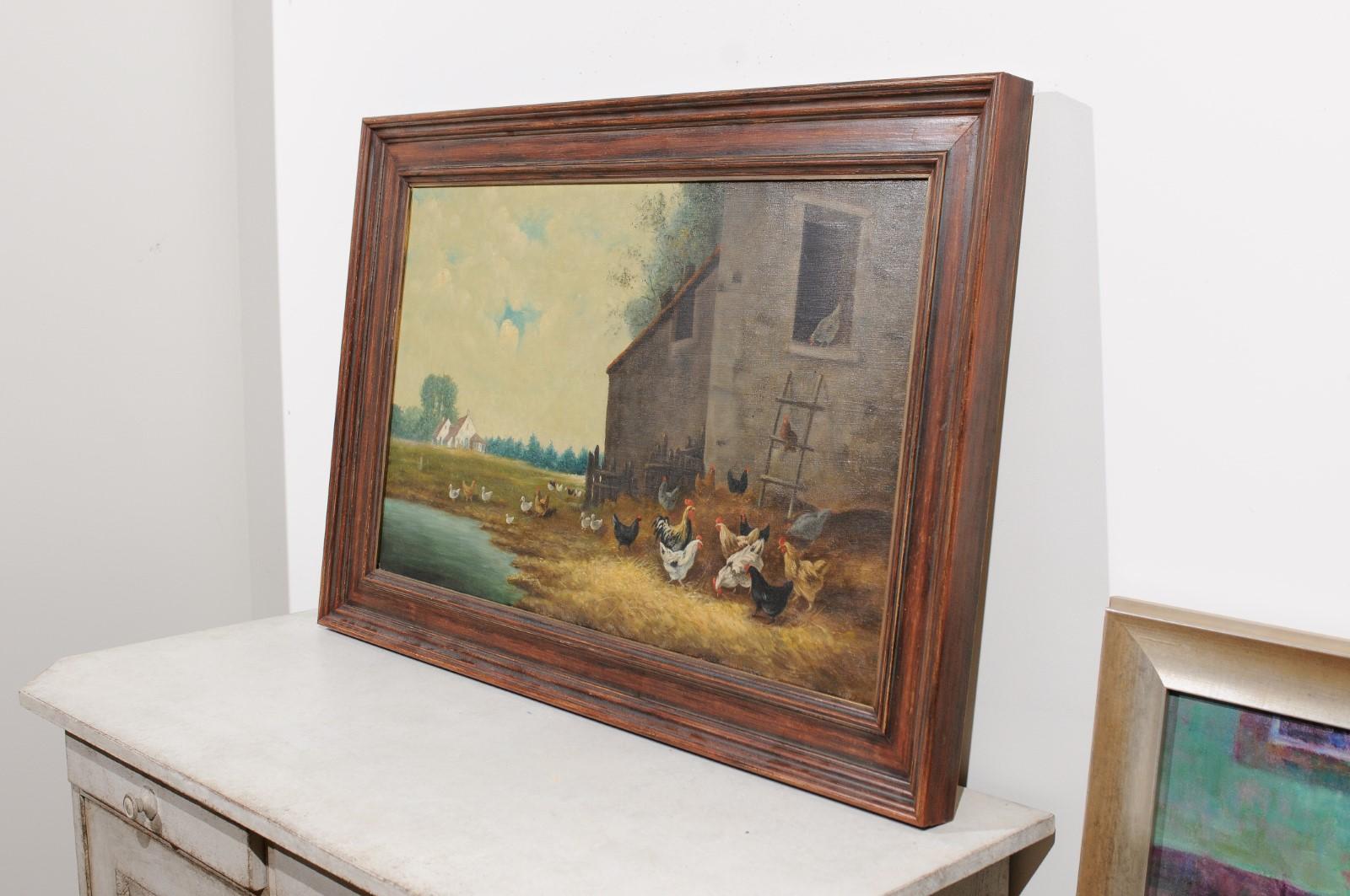 French 19th Century Framed Oil on Canvas Painting of a Farmyard with Chickens 7