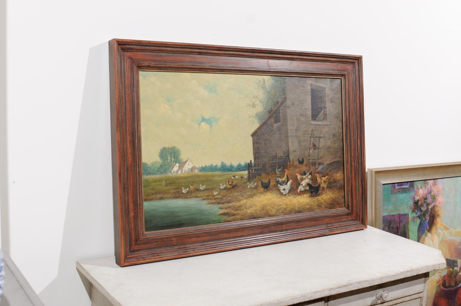 French 19th Century Framed Oil on Canvas Painting of a Farmyard with Chickens 8