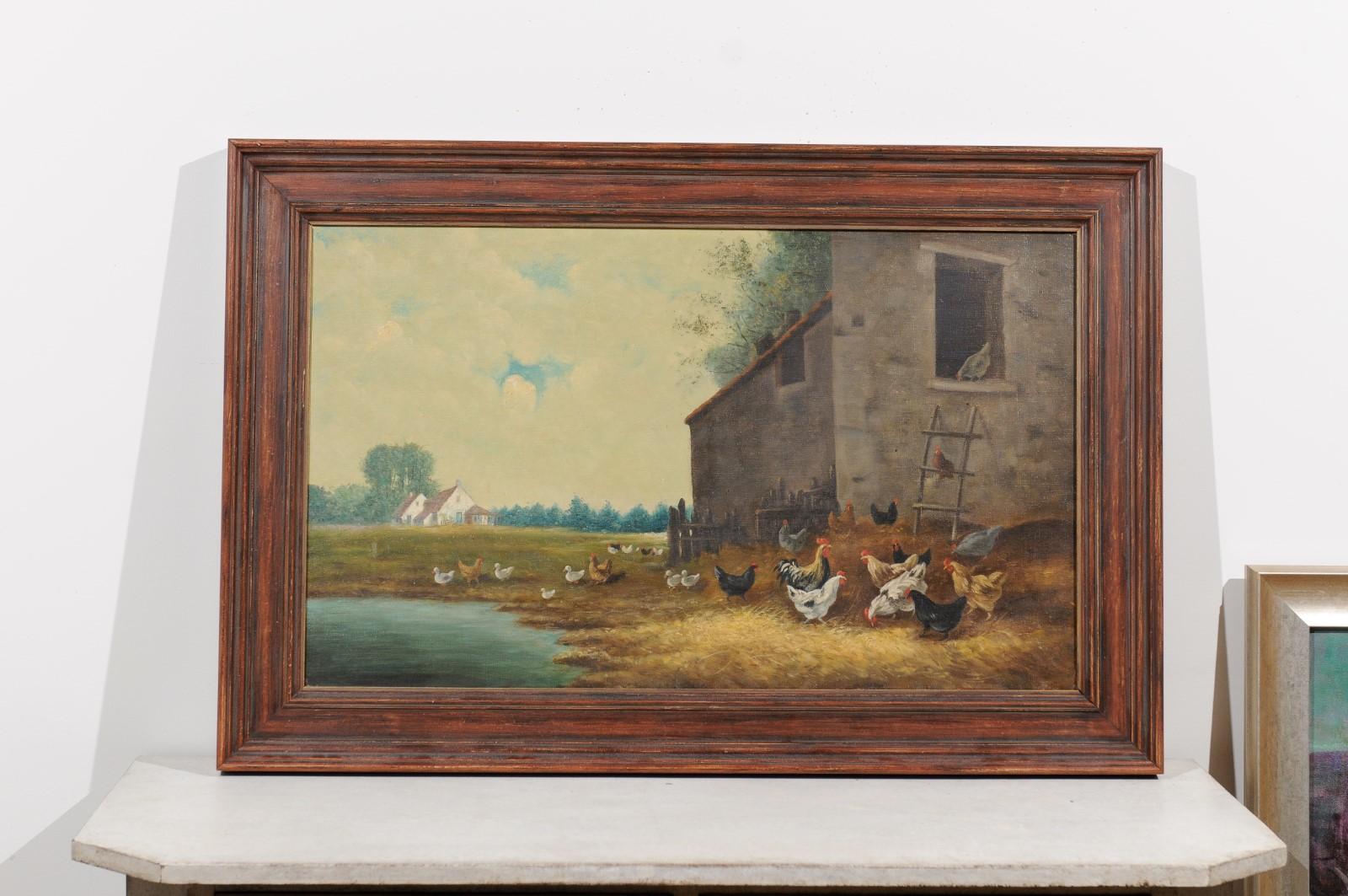 A French framed oil on canvas painting from the 19th century, depicting a farmyard with chickens and rooster. Created in France during the 19th century, this horizontal oil on canvas painting depicts a peaceful farm scene carefully composed. The