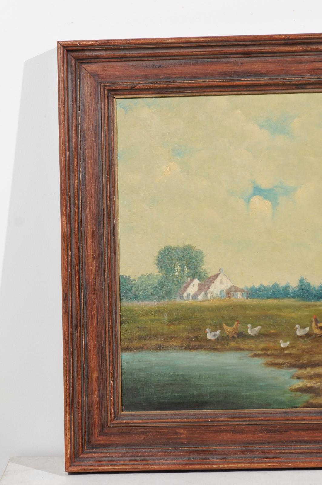 Hand-Painted French 19th Century Framed Oil on Canvas Painting of a Farmyard with Chickens