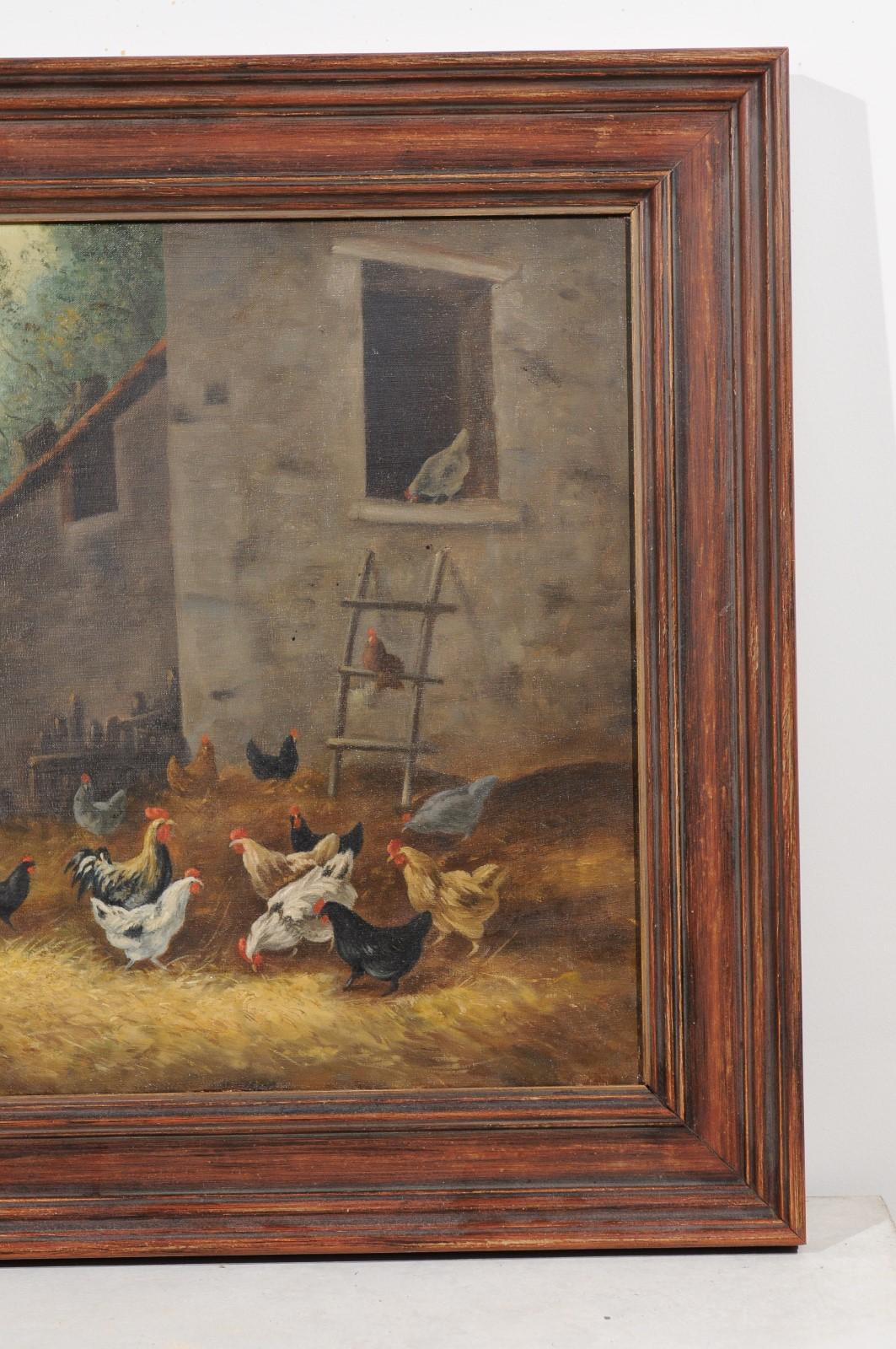 French 19th Century Framed Oil on Canvas Painting of a Farmyard with Chickens In Good Condition In Atlanta, GA