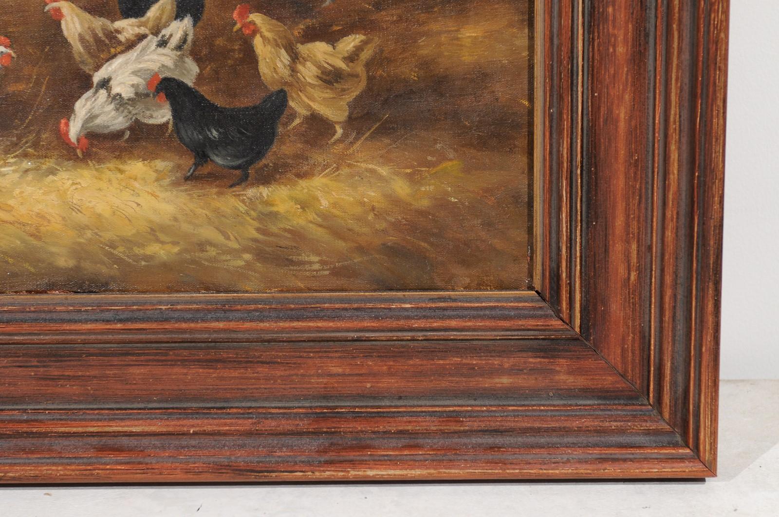 French 19th Century Framed Oil on Canvas Painting of a Farmyard with Chickens 1