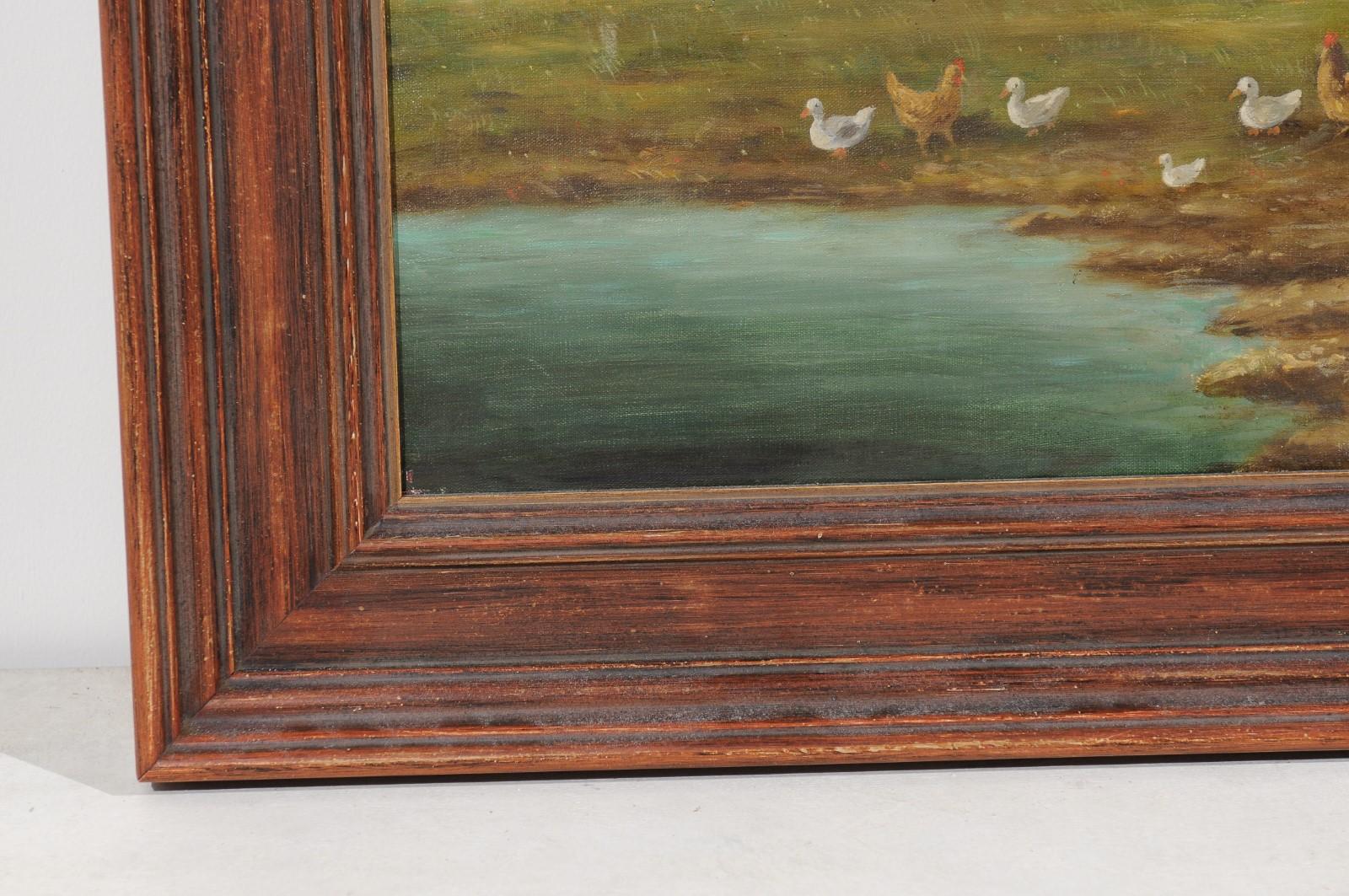 French 19th Century Framed Oil on Canvas Painting of a Farmyard with Chickens 4