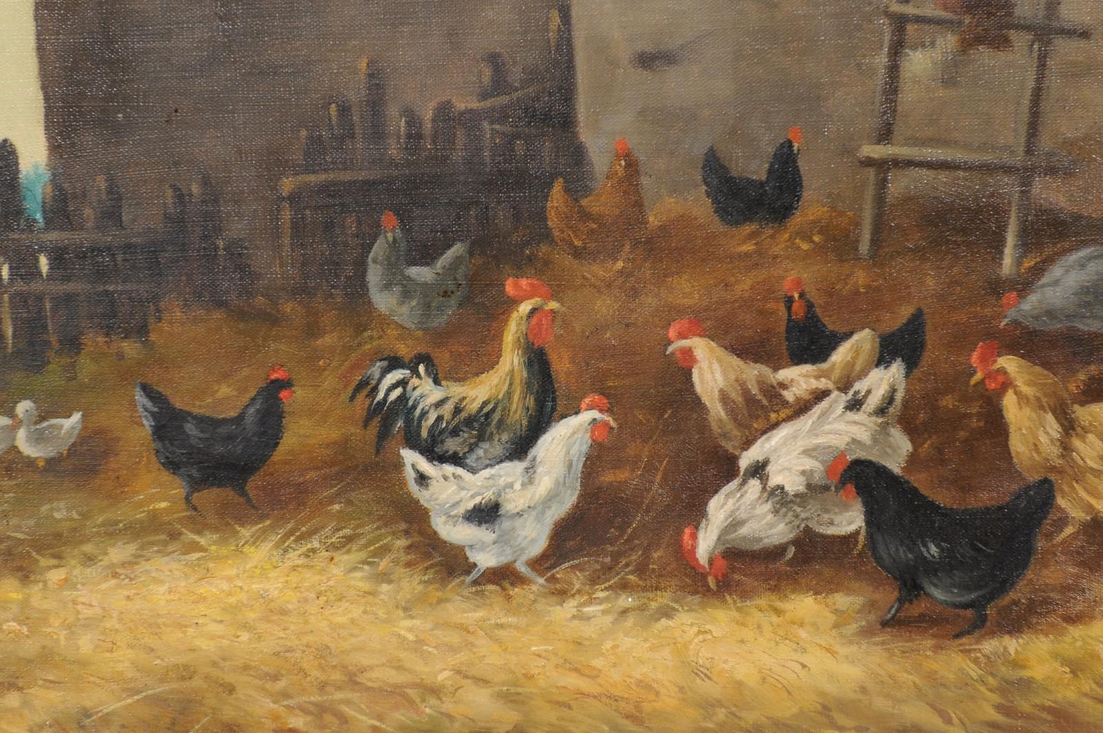 French 19th Century Framed Oil on Canvas Painting of a Farmyard with Chickens 5