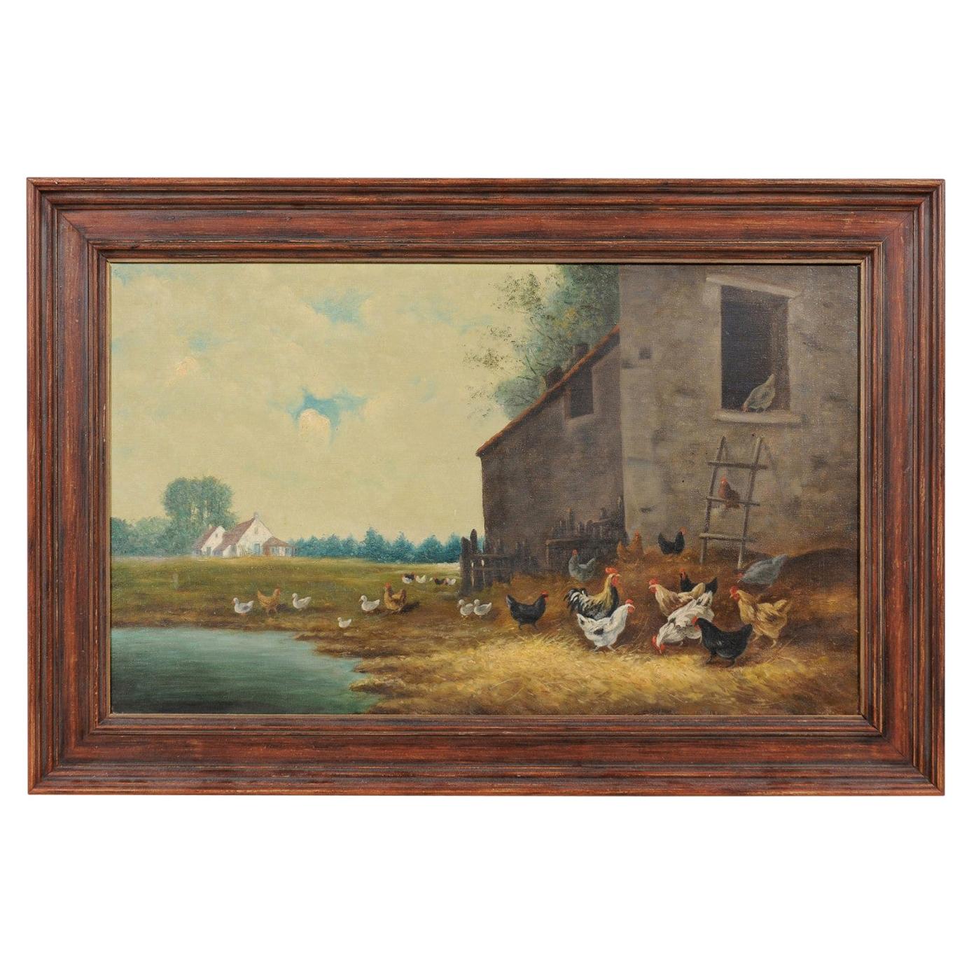 French 19th Century Framed Oil on Canvas Painting of a Farmyard with Chickens