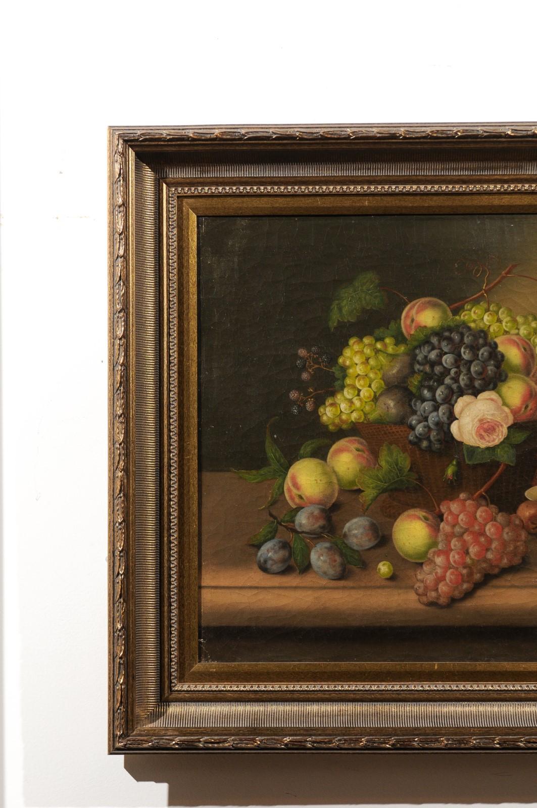 Carved French 19th Century Framed Oil on Canvas Still-Life Painting Depicting Fruits For Sale