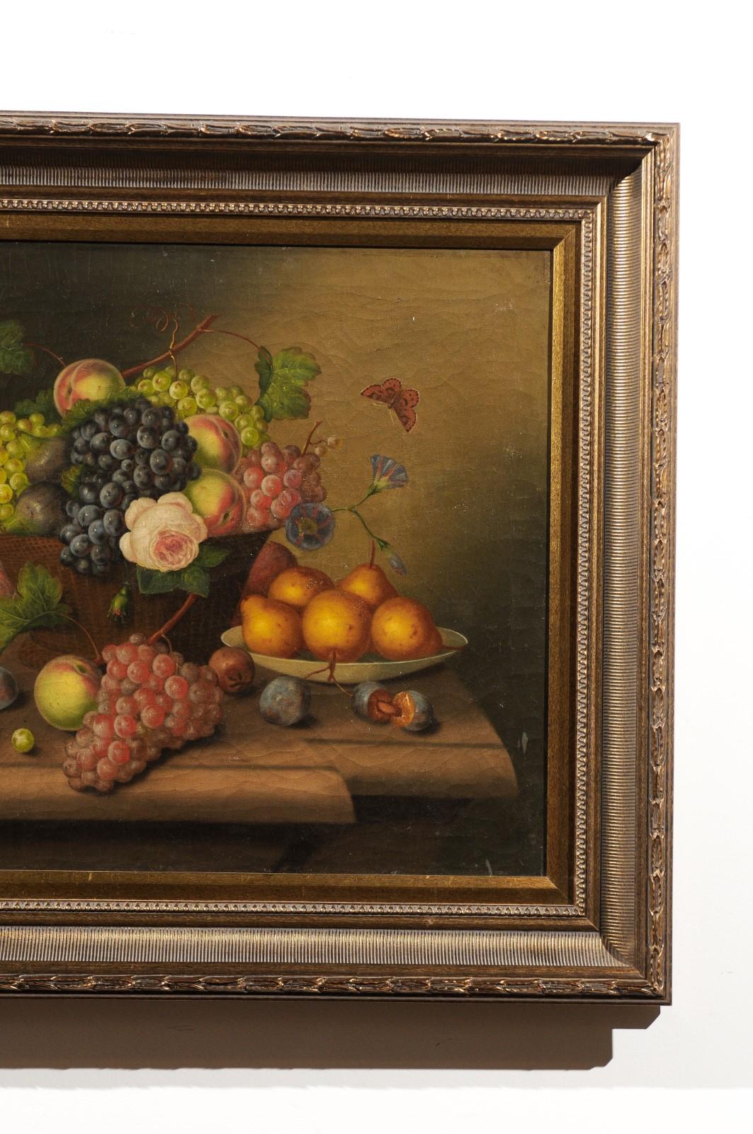 Peinture à l'huile sur toile encadrée de nature morte représentant des fruits, France, XIXe siècle Bon état - En vente à Atlanta, GA