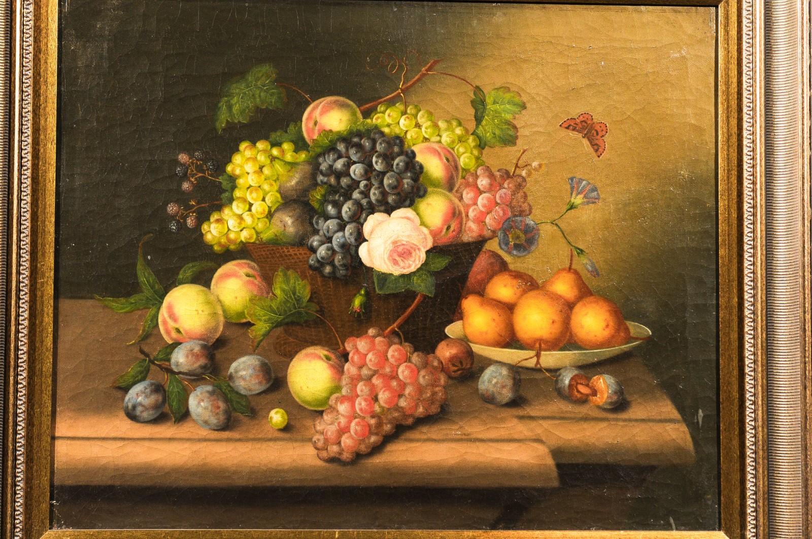 Giltwood French 19th Century Framed Oil on Canvas Still-Life Painting Depicting Fruits For Sale