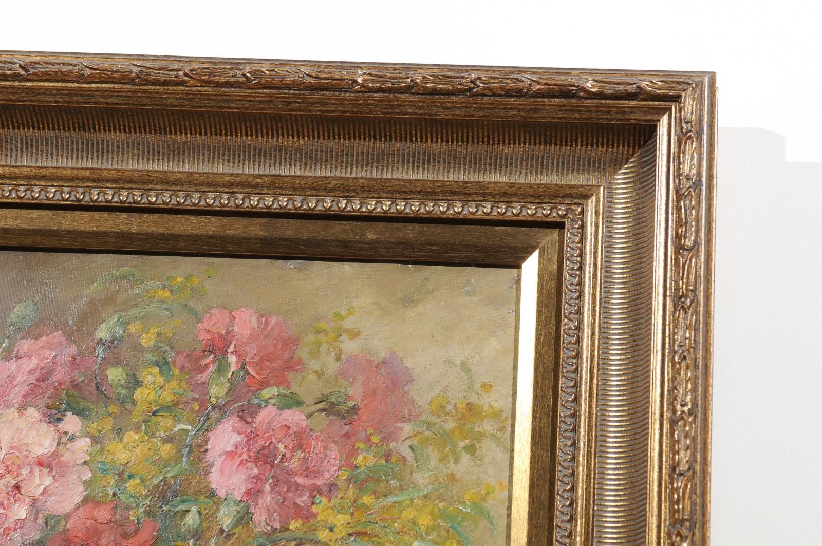 French 19th Century Framed Oil on Canvas Still-Life Painting with Pink Bouquet 6