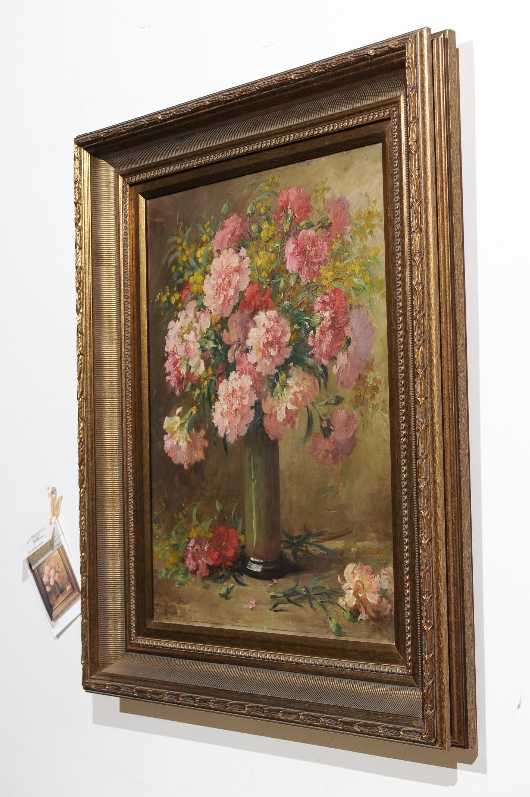 French 19th Century Framed Oil on Canvas Still-Life Painting with Pink Bouquet 7