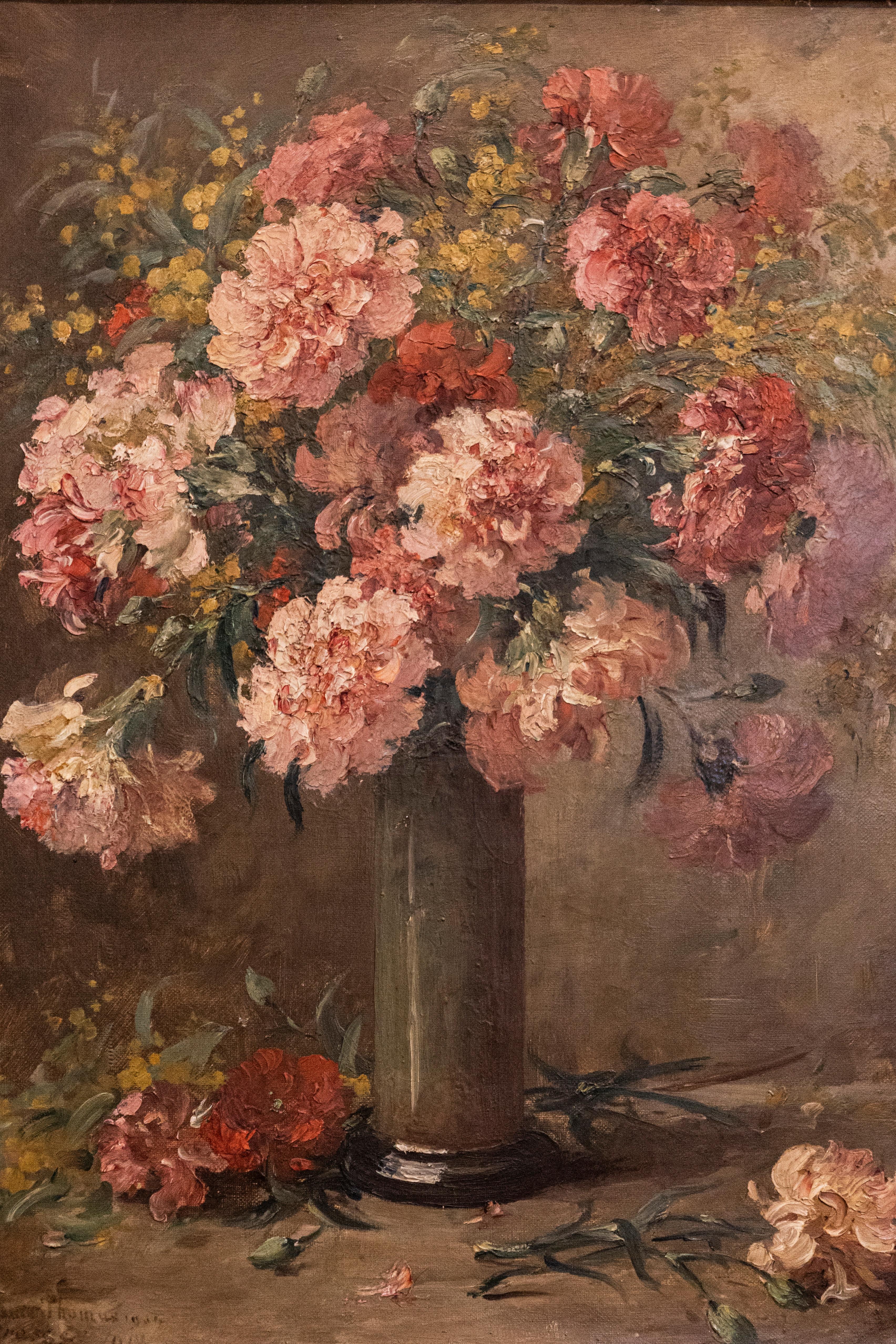 French 19th Century Framed Oil on Canvas Still-Life Painting with Pink Bouquet In Good Condition For Sale In Atlanta, GA