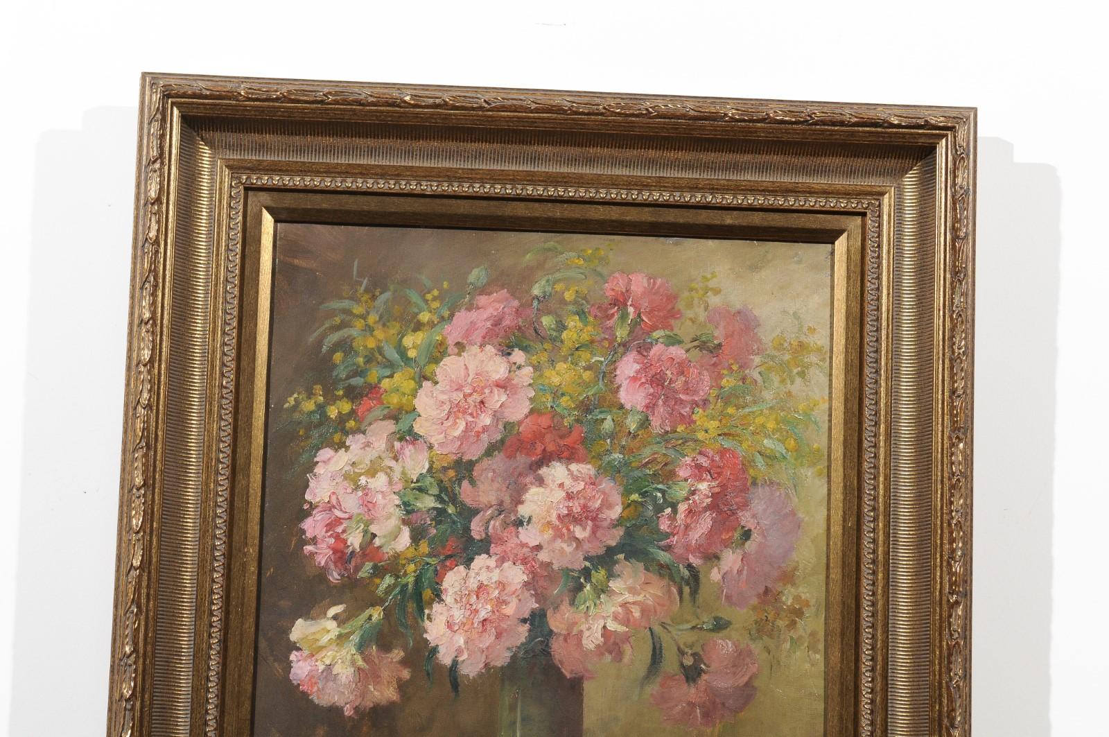 Giltwood French 19th Century Framed Oil on Canvas Still-Life Painting with Pink Bouquet