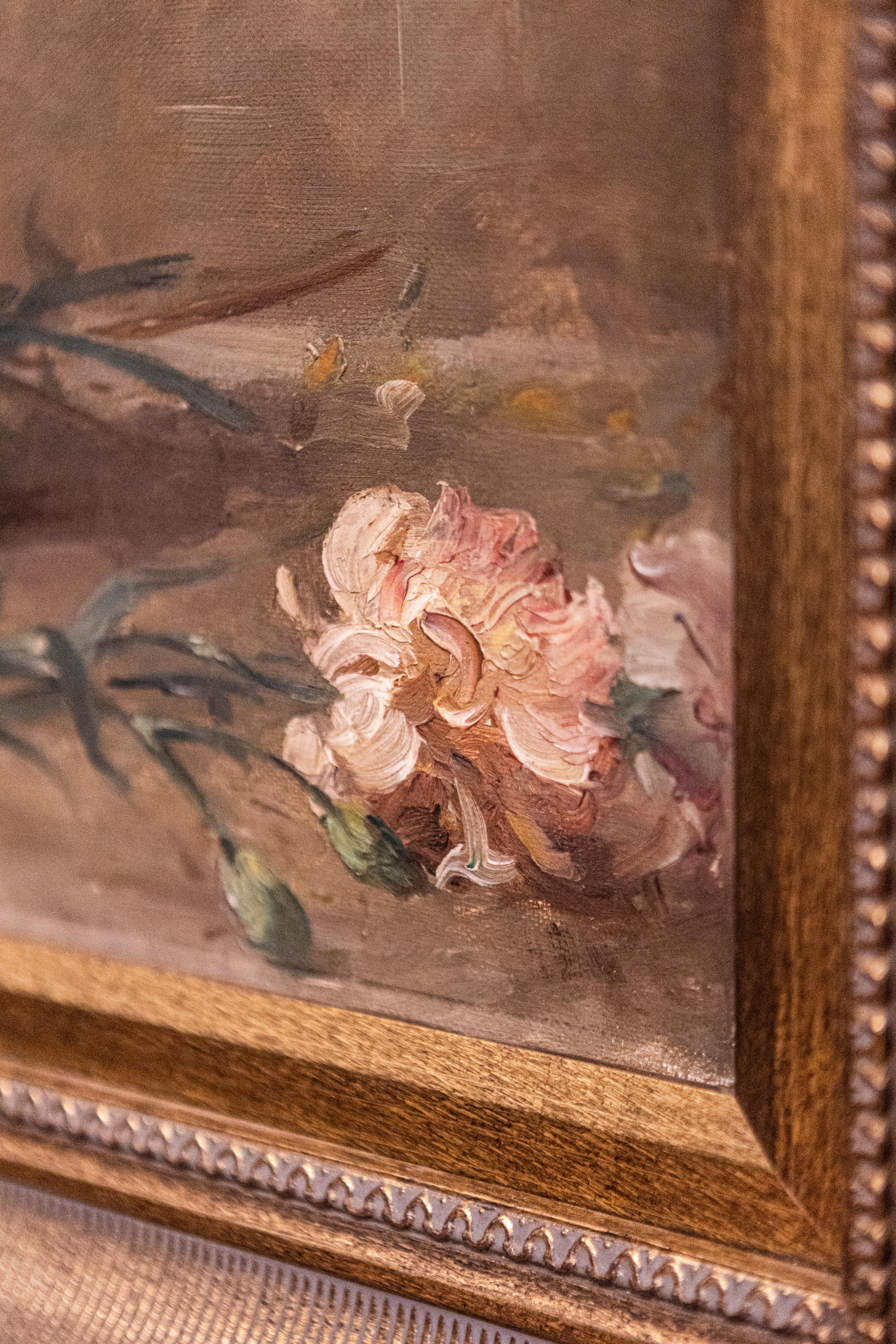 French 19th Century Framed Oil on Canvas Still-Life Painting with Pink Bouquet For Sale 1