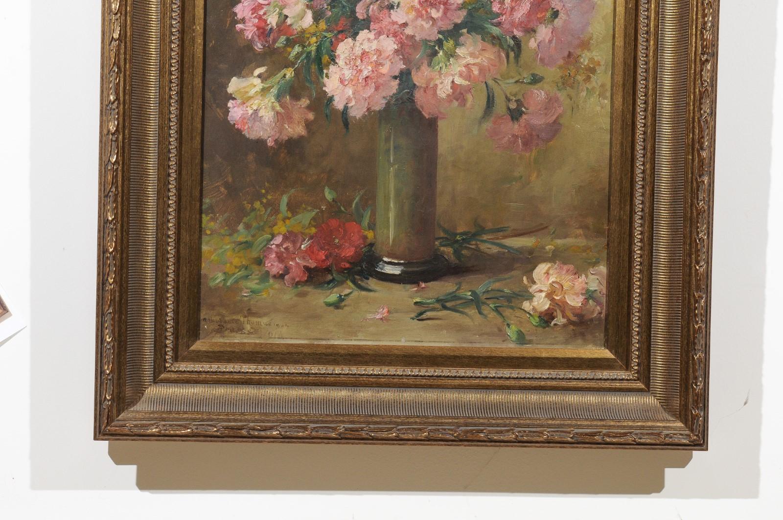 French 19th Century Framed Oil on Canvas Still-Life Painting with Pink Bouquet 1