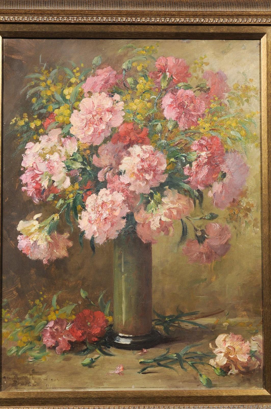 French 19th Century Framed Oil on Canvas Still-Life Painting with Pink Bouquet 2