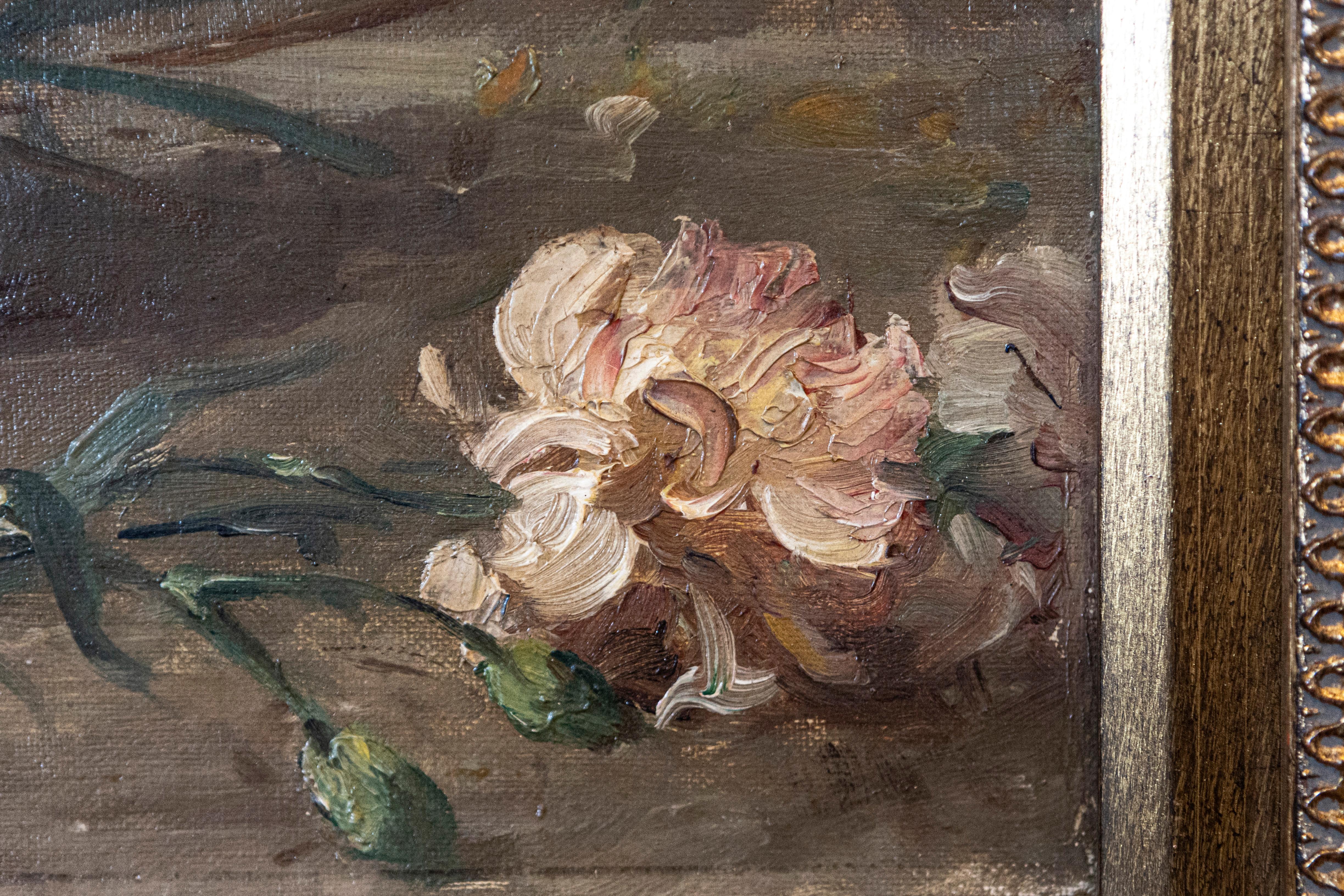 French 19th Century Framed Oil on Canvas Still-Life Painting with Pink Bouquet For Sale 4