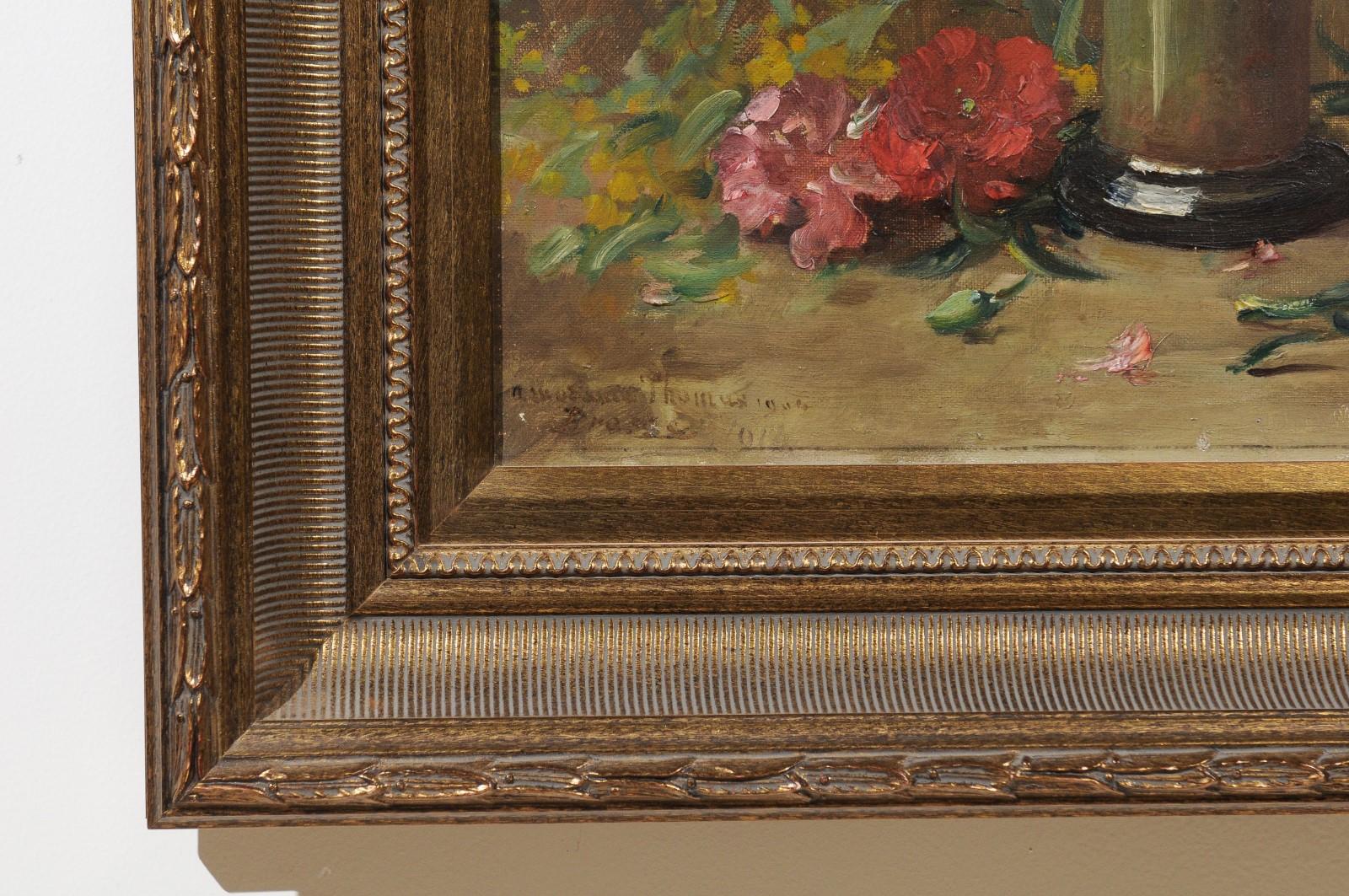 French 19th Century Framed Oil on Canvas Still-Life Painting with Pink Bouquet 4