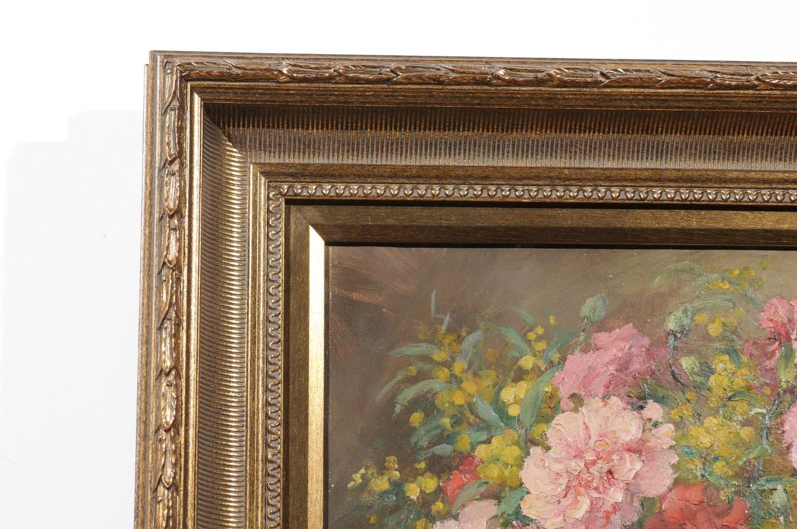 Gerahmtes Ölgemälde auf Leinwand, Stillleben mit rosa Blumenstrauß, Französisch, 19. Jahrhundert 6