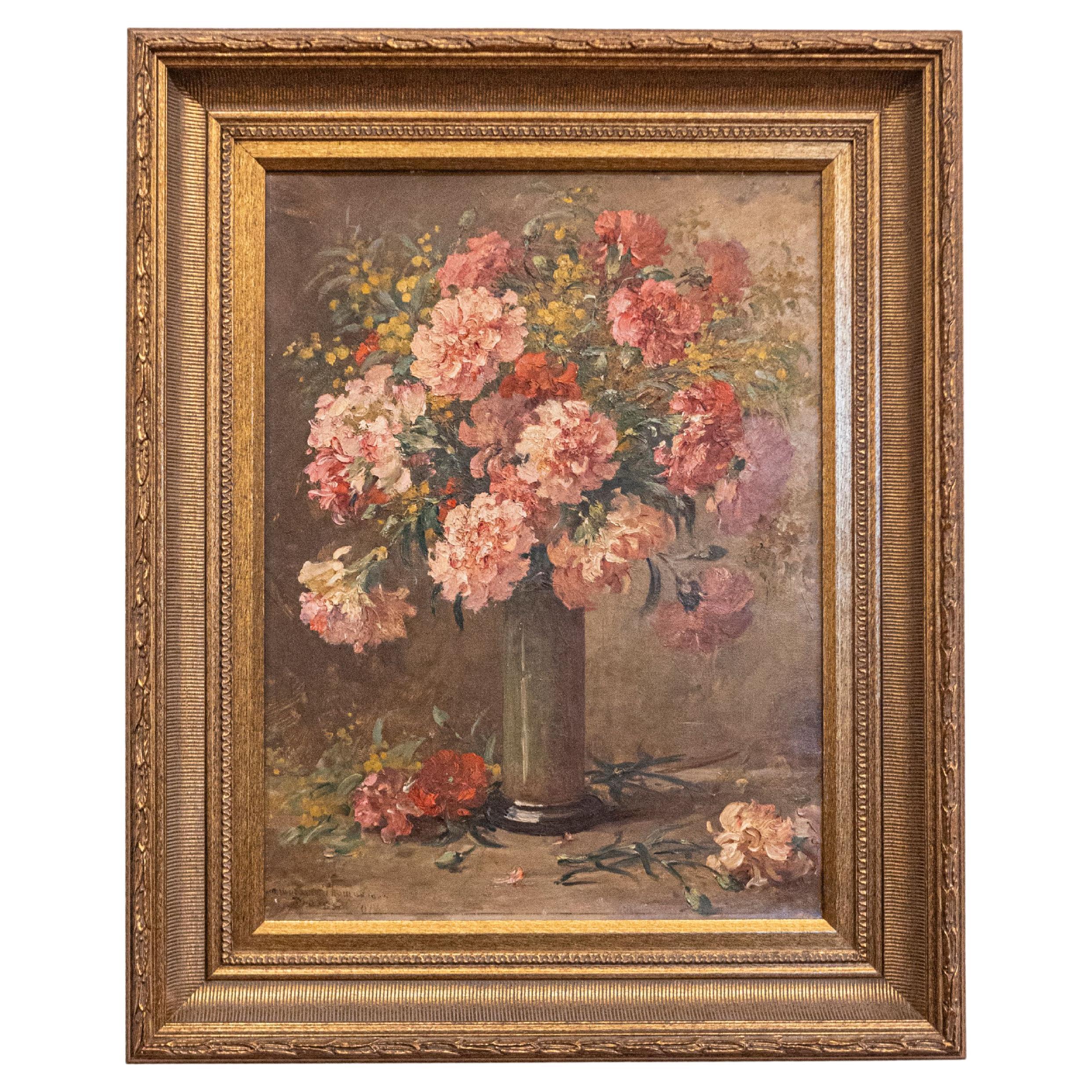 French 19th Century Framed Oil on Canvas Still-Life Painting with Pink Bouquet For Sale