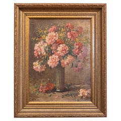 Antique French 19th Century Framed Oil on Canvas Still-Life Painting with Pink Bouquet